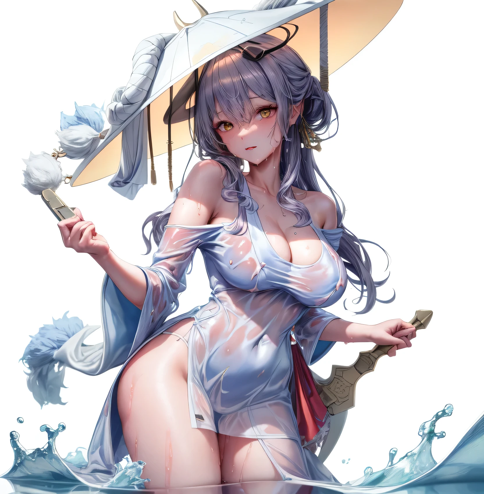 whole body、Gorgeous off-shoulder kimono、Wet body、Water-transparent shirt、Extremely large breasts(3700)、red lotus、NIKKE、Cold look、Holding a long sword、Hat on head