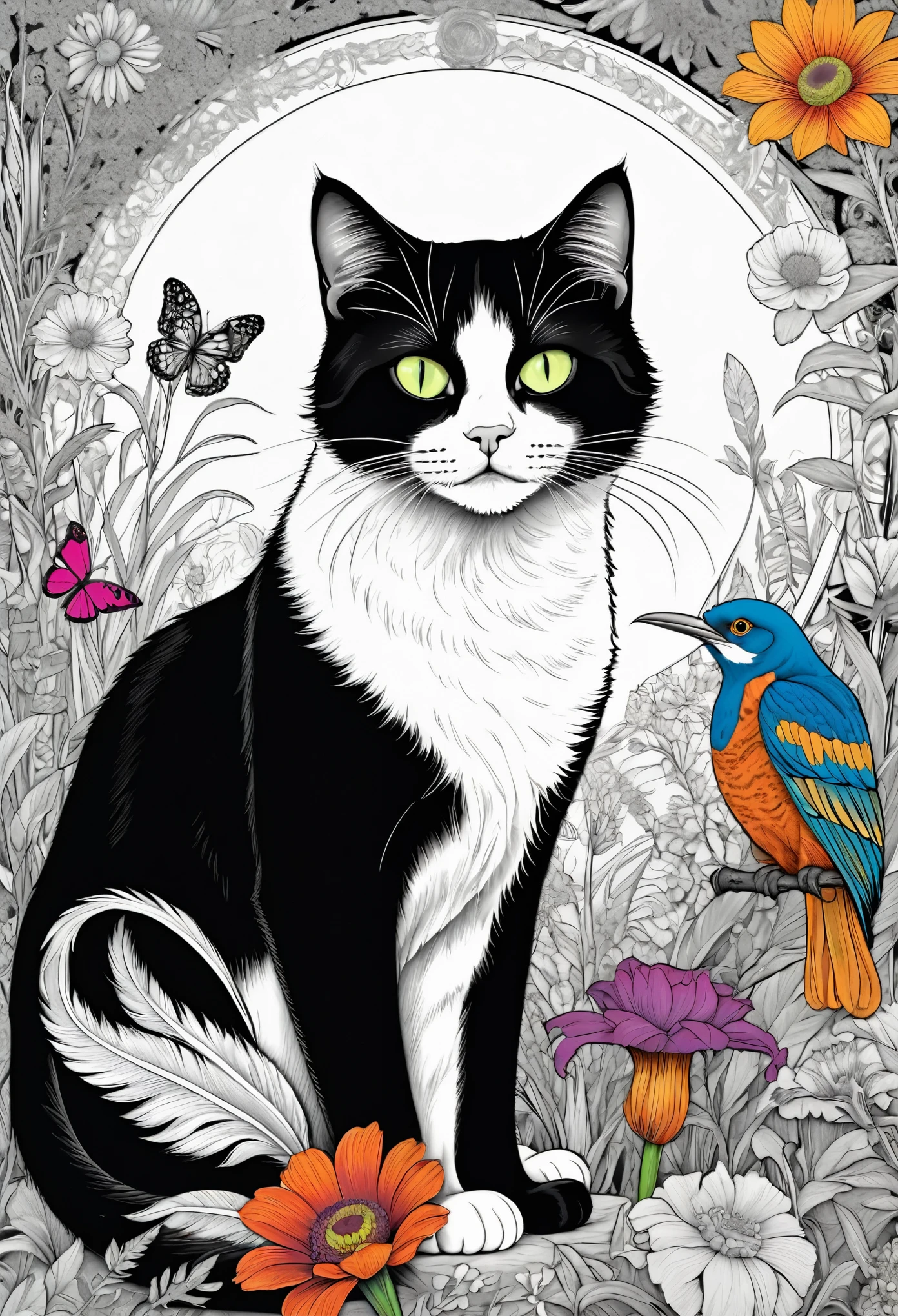 black and white, coloring page, A cat perched on a flower, its feathers adorned with vibrant colors, set against a natural background. The hummingbird is depicted with intricate details, bold colors, and high-definition quality, immersing viewers in the scene. 