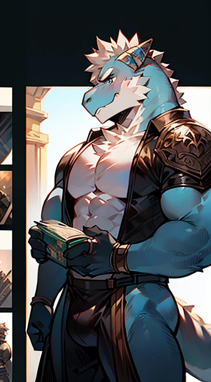 mature male,lizard people,anthropomorphic lizard,huge crotch bulge,muscular,huge muscles,broad shoulders,thick chest,naked upper body,blue scales,wear guard,Armed with shield and machete,on one knee,leather armor,dungeon keeper,Telegraph slang,In a panoramic way,high clarity,High image quality,intricate details,rich background,comic book,masterpiece,Side slit,wearing nothing.