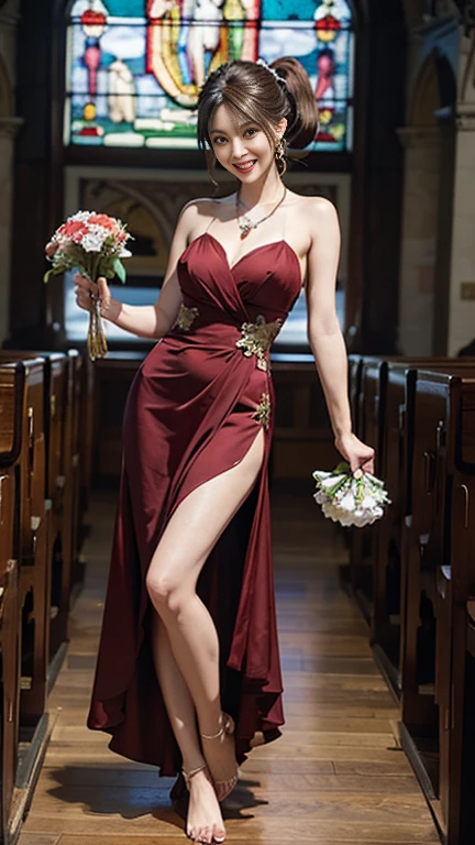 highest quality, Realistic, Very detailed, finely, High resolution, 8k wallpaper, Beautiful woman,, Brown hair short ponytail, (Silk Red Shot-Todres), Perfect dynamic composition, finelyて美しい目, Ample breasts, Realistic , smile, Model Body Type、Earrings,garnet necklace,tiara,(Holding a bouquet),Beautiful feet,(Church with beautiful stained glass),Full Body Shot:1.3,Smile and laugh,