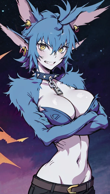 Wolfie, solo, girl1, looking at viewer, smile, leather pant, spiral chest, breast, standing, detailed eyes, detailed face, long ears, earrings, spike caller, sharp teeth, furry shoulders, furry arms, best quality, perfect quality, masterpiece