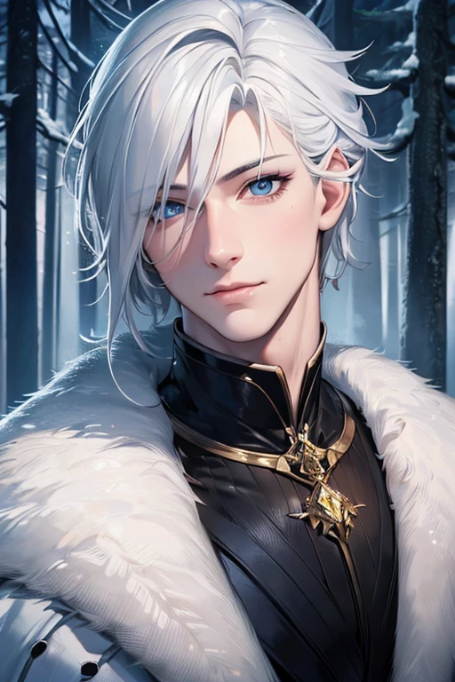 (masterpiece, 8k, Absurd, Digital Art, Digital Illustration, Realistic, Very detailed, Realistic lighting), (Perfect Face, Perfect Eyes, Perfect body), male,1 person, male的な, good looking, Sharp features, White Hair, Conceit:1.5, Conceit grin, Toned body, Winter forest, it&#39;s snowing, View Viewer