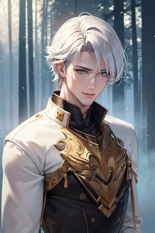 (masterpiece, 8k, Absurd, Digital Art, Digital Illustration, Realistic, Very detailed, Realistic lighting), (Perfect Face, Perfect Eyes, Perfect body), male,1 person, male的な, good looking, Sharp features, White Hair, Conceit:1.5, Conceit grin, Toned body, Winter forest, it&#39;s snowing, View Viewer