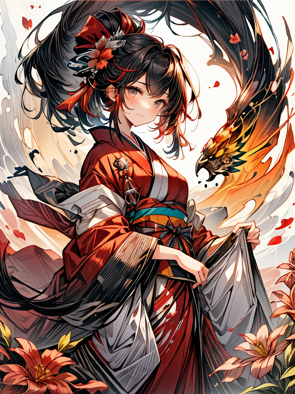 Ink Painting, Masterpiece, Committed to ultra-high definition and vivid colors, Super detailed, Attention to detail, highest quality,, Beautiful watercolor painting, 18-year-old, woman, Dressed in a twelve-layered kimono, Her hair is held in place by a red hair clip, Black Hair, She is smiling with a very beautiful expression, The background is filled with colorful flowers, which fill the entire screen.
