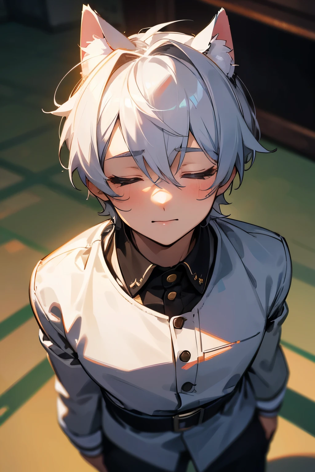 (male)，smile，chat，超High resolution, retina, masterpiece, Accurate, Anatomically correct, Rough skin, Very detailed, Advanced Details, high quality, Awards, 最high quality, High resolution, High resolution, 4K,(anime,8k,masterpiece, 最high quality, 最high quality,beautifully、beautiful:1.2,Professional Illustration:1.1,Very detailed:1.3,Perfect lighting),Very detailed,Most detailed,High resolution,((A cute boy:1.5)), Cat ear，Silver Hair，short hair，evil lol，Upper Body，(ncoming kiss:1.5)，(Focus on the face:1.5)，(Cowboy Shot:1.5)，(From above:1.5)，(close your eyes:1.9)，
