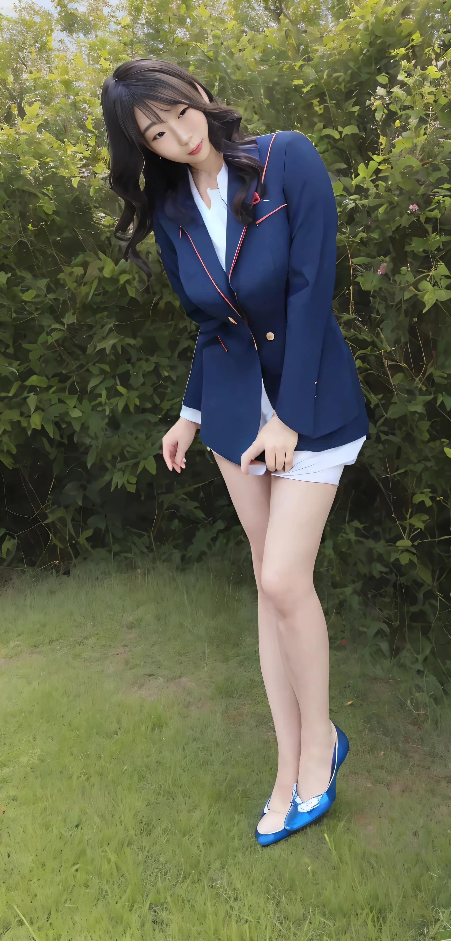 ((high resolution, 最high resolution, 8k, RAW images))Japanese , Mature Woman, Wavy black hair with no bangs, Long Hair:1.65, Flashy makeup, Fuller lips, Sexy Gaze, Cute Uniform, looking at the camera, Low angle shooting, Cute duck lips,((Very accurate and correct anatomy)), (masterpiece:1.45), Perfectly balanced body, Realistic photos, Full Shot, whole body, ((height: 178cm)), High heels, loafers, (2 Foot, Two Arms), ((Panty shot)),Big Breasts:1.95, A grassland illuminated by the morning sun just after it rose