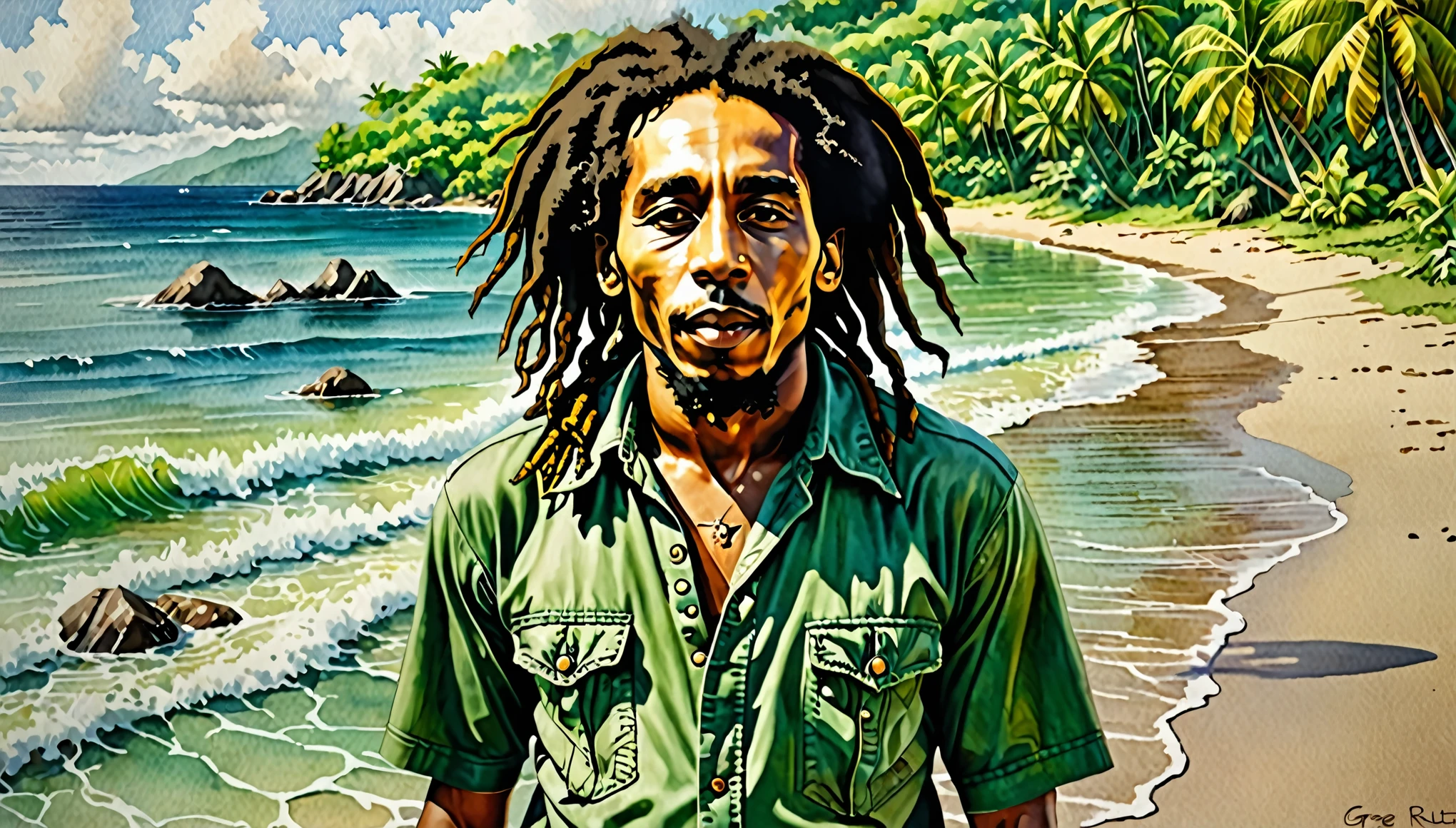 Scene: Bob Marley on a Beach in Jamaica, trending on artstation, sharp focus, studio photo, intricate details, highly detailed, by greg rutkowski, Watercolor, trending on artstation, sharp focus, studio photo, intricate details, highly detailed, by greg rutkowski, Watercolor, trending on artstation, sharp focus, studio photo, intricate details, highly detailed, by greg rutkowski