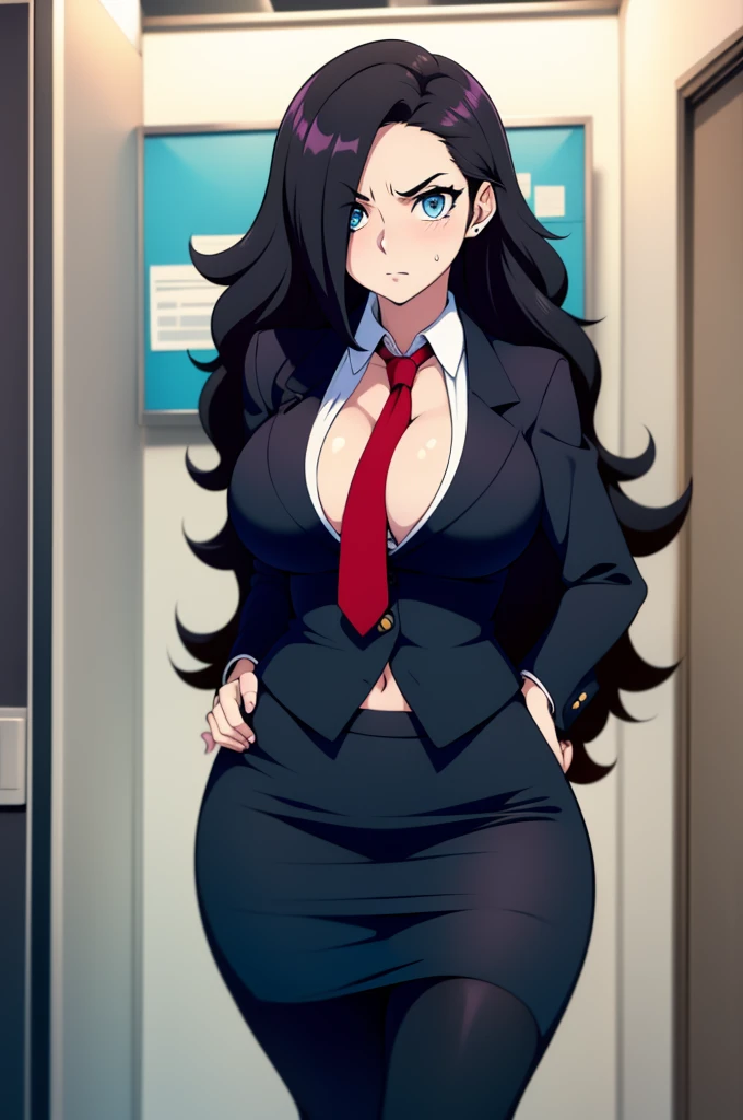 20 year old woman, busty, bubble butt, hourglass figure, skinny, blushing, frustrated expression, horny, confused, long hair, black hair, wavy hair, wearing white shirt, black pencil skirt, red tie, loose tie, cleavage, tight fitting clothing, anime, flat colors, in an office, office attire, disheveled, messy, disheveled clothing, messy clothes