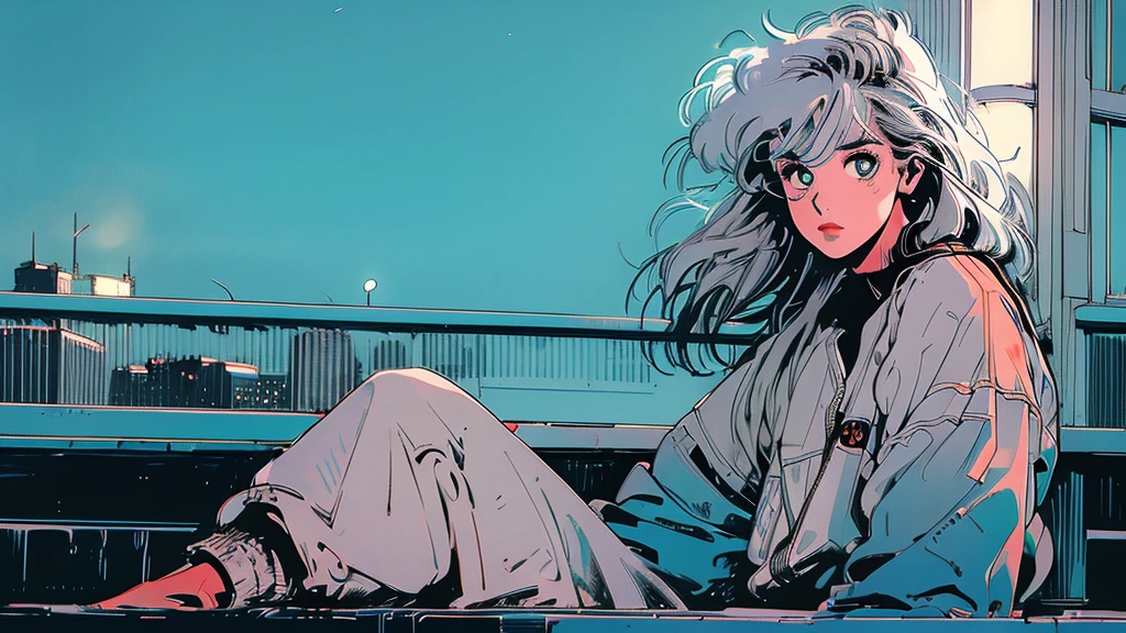 (masterpiece), highest quality, Cyan eyes, Light grey hair, Expressive eyes, Jorhaya, Sitting in a high-rise apartment room, Night Sky, Cityscape, View Viewer, City lights, window, highlight, Dramatic Light, Calm face,