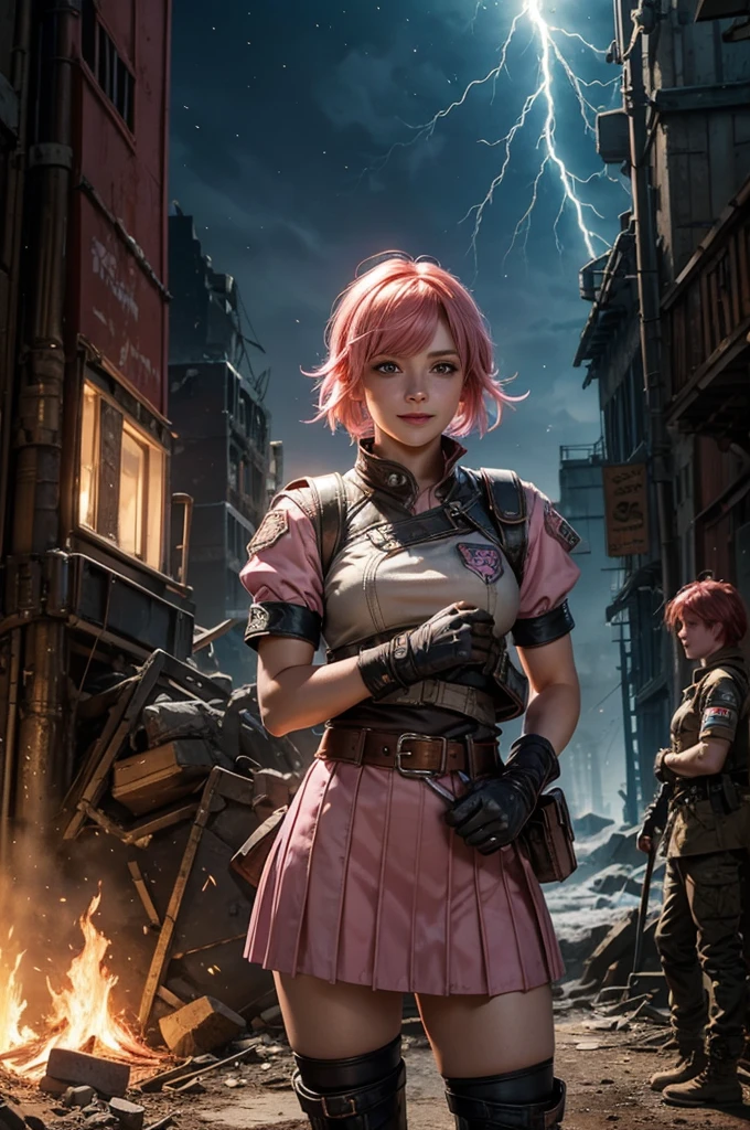  1girl,cowboy shot, beautiful nora_valkyrie, looking at viewer, smile, short hair, blue eyes,heart design on t-shirt, gloves,  jacket, pink skirt, pink belt, short sleeves, puffy sleeves, single armband, fingerless gloves, short hair, orange hair, pink gloves, dynamic pose, night, lightning, standing inside ruins of ancient arena, rubble, cracked ground, stream, snow, post-apocalypse, dystopian future, crowd, (crowd in military uniforms), bonfires, (volumetric lighting), best quality, masterpiece, intricate details, tonemapping, sharp focus, hyper detailed, trending on Artstation,