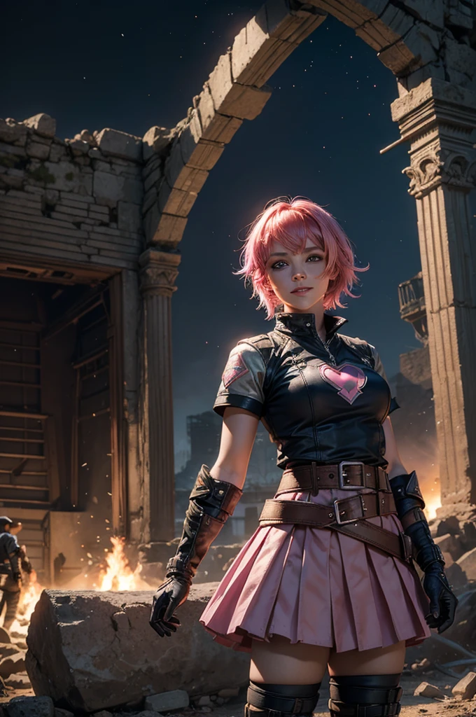  1girl,cowboy shot, beautiful nora_valkyrie, looking at viewer, smile, short hair, blue eyes,heart design on t-shirt, gloves,  jacket, pink skirt, pink belt, short sleeves, puffy sleeves, single armband, fingerless gloves, short hair, orange hair, pink gloves, dynamic pose, night, lightning, standing inside ruins of ancient arena, rubble, cracked ground, stream, snow, post-apocalypse, dystopian future, crowd, (crowd in military uniforms), bonfires, (volumetric lighting), best quality, masterpiece, intricate details, tonemapping, sharp focus, hyper detailed, trending on Artstation,