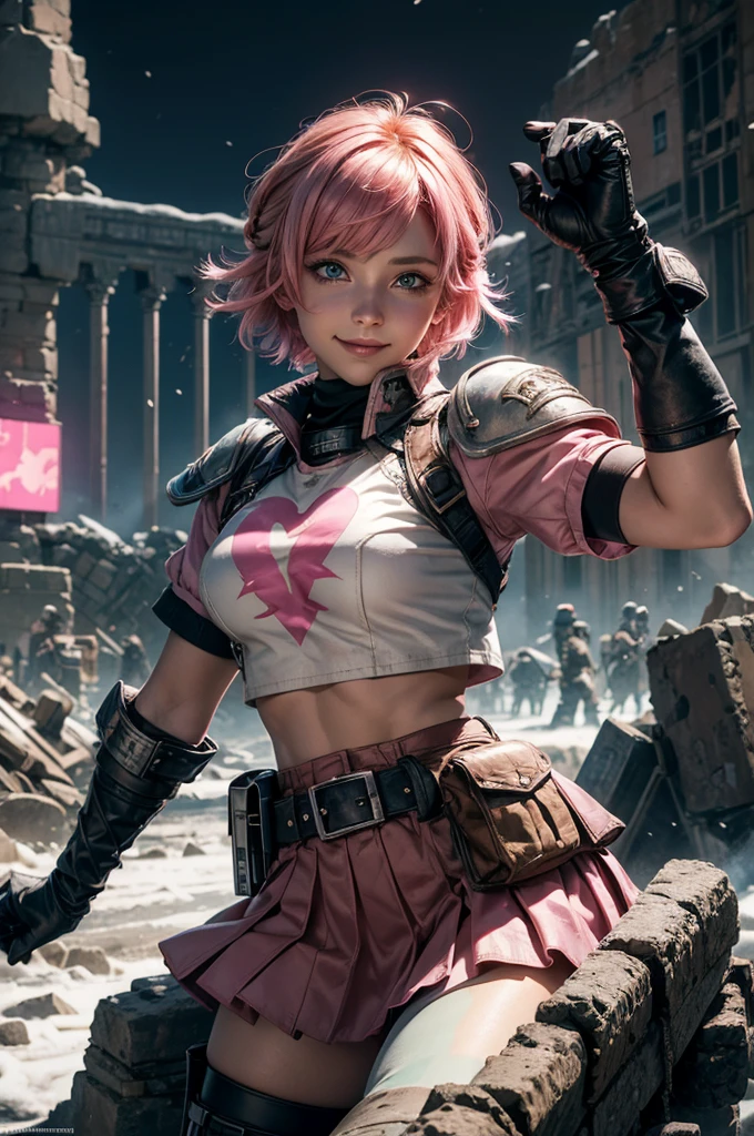  1girl,cowboy shot, beautiful nora_valkyrie, looking at viewer, smile, short hair, blue eyes,heart design on t-shirt, gloves,  jacket, pink skirt, pink belt, short sleeves, puffy sleeves, single armband, fingerless gloves, short hair, orange hair, pink gloves, dynamic pose, night, lightning, standing inside ruins of ancient arena, rubble, cracked ground, stream, snow, post-apocalypse, dystopian future, crowd, (crowd in military uniforms), bonfires, (volumetric lighting), best quality, masterpiece, intricate details, tonemapping, sharp focus, hyper detailed, trending on Artstation,