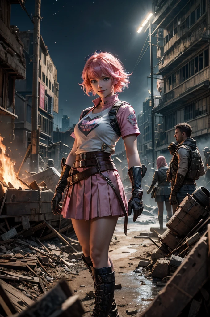  1girl,cowboy shot, beautiful nora_valkyrie, looking at viewer, smile, short hair, blue eyes,heart design on t-shirt, gloves,  jacket, pink skirt, pink belt, short sleeves, puffy sleeves, single armband, fingerless gloves, short hair, orange hair, pink gloves, dynamic pose, night, lightning, standing inside ruins of ancient arena, rubble, cracked ground, stream, snow, post-apocalypse, dystopian future, crowd, (crowd in military uniforms), bonfires, (volumetric lighting), best quality, masterpiece, intricate details, tonemapping, sharp focus, hyper detailed, trending on Artstation,