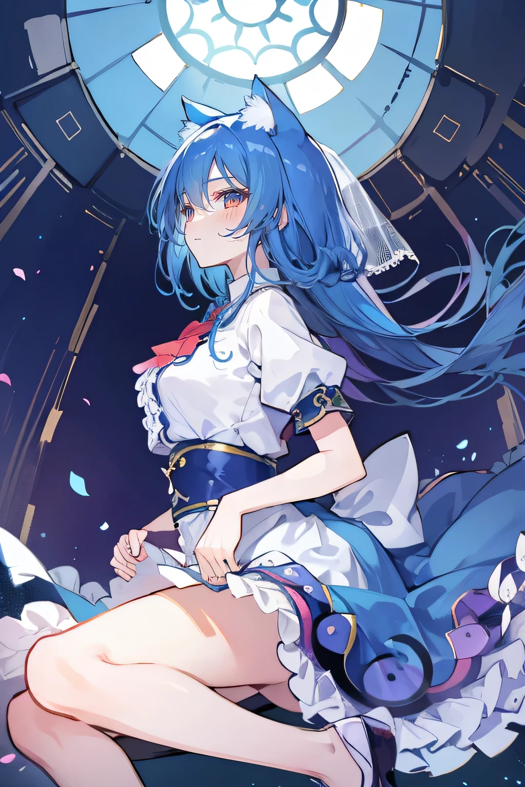 (masterpiece:1.2),Extremely detailed,Practical,expressive eyes,Fair skin,Perfect face shaping,1 Girl,
Japanese cartoons,Gorgeous blue hair, the long flowing blue hair,Floating clothes,Cat ears,Petals fall,beautiful lola,Young Angel,
Place your hands on your waist,sit elegantly on the ground,Cross your legs,Gentle and peaceful background,church，wearing wedding dress,back view,lie on the water,Large Breasts, H Cup, Good breasts, Place your hands on your waist,beautiful, Gorgeous,Japanese cartoons,girl,Lola,Hina Angel, Blue Hair, Blue Haired,Tent breasts, tent box, tent chest, Floating clothes,Grab your waist, Grab your waist, Hands on Hips , hands on hips,sit, sit on ground, Legs on the ground. 