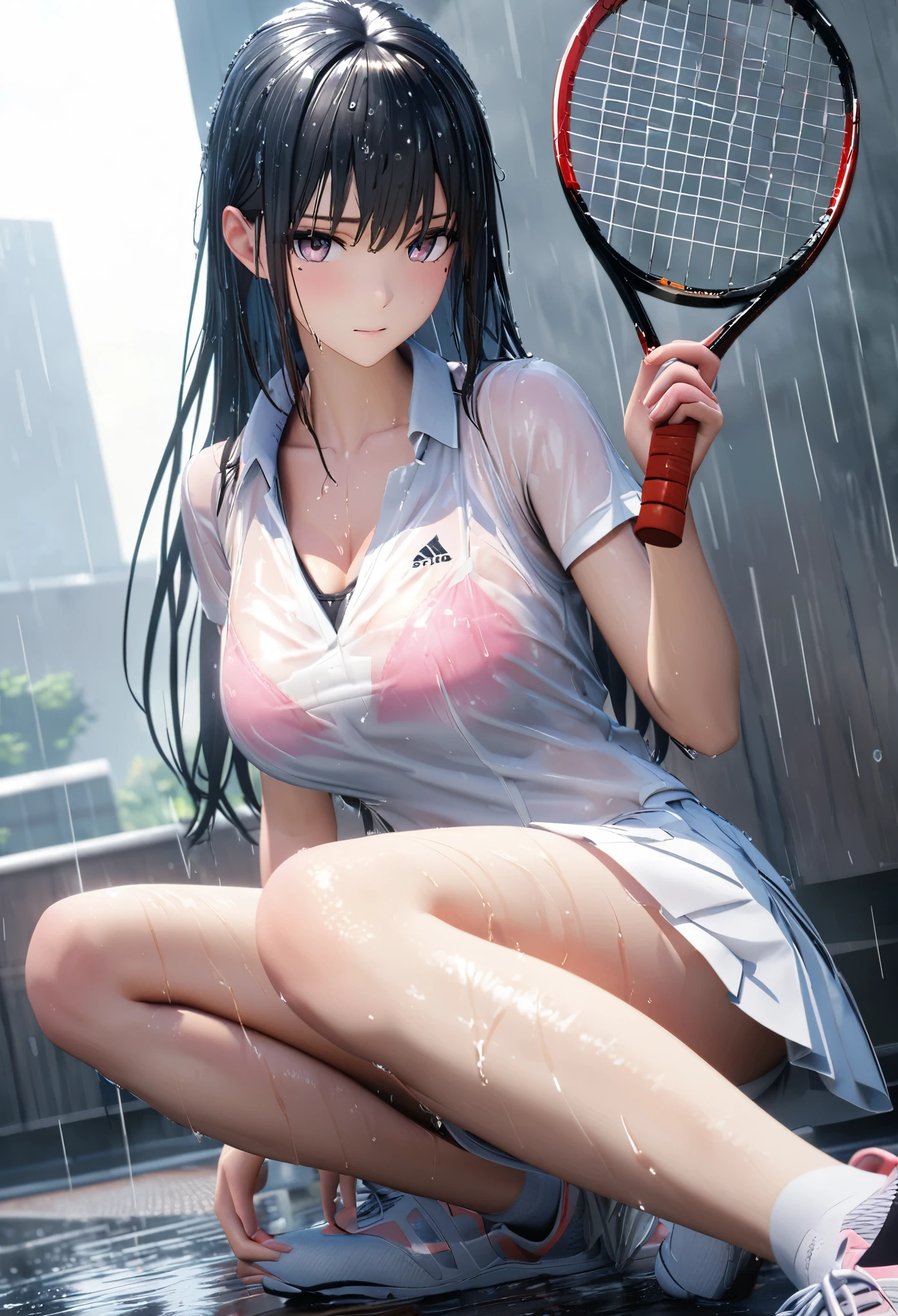 masterpiece, best quality, highly detailed, high resolution, expensive resolution, high resolution, 4k, 8k, Unity 8k wallpaper, highly detailed CG, masterpiece, 2d, 3d, beautiful details, depth, fine texture, best quality: 1.3, perfect focus, clear skin, him, rain, wet, wet clothes: 1.2 very cute anime girl, (tennis racket), (bra visible through tennis uniform, short tennis skort, wet from pouring rain, tennis shoes, tennis racket), big breasts, expensive pink semi-long hair, 1 girl, rain, (raindrops dripping from wet hair, bra visible through thin tennis uniform wet from rain, tennis shoes, tennis racket), mole under eye, looking at the viewer, expensive