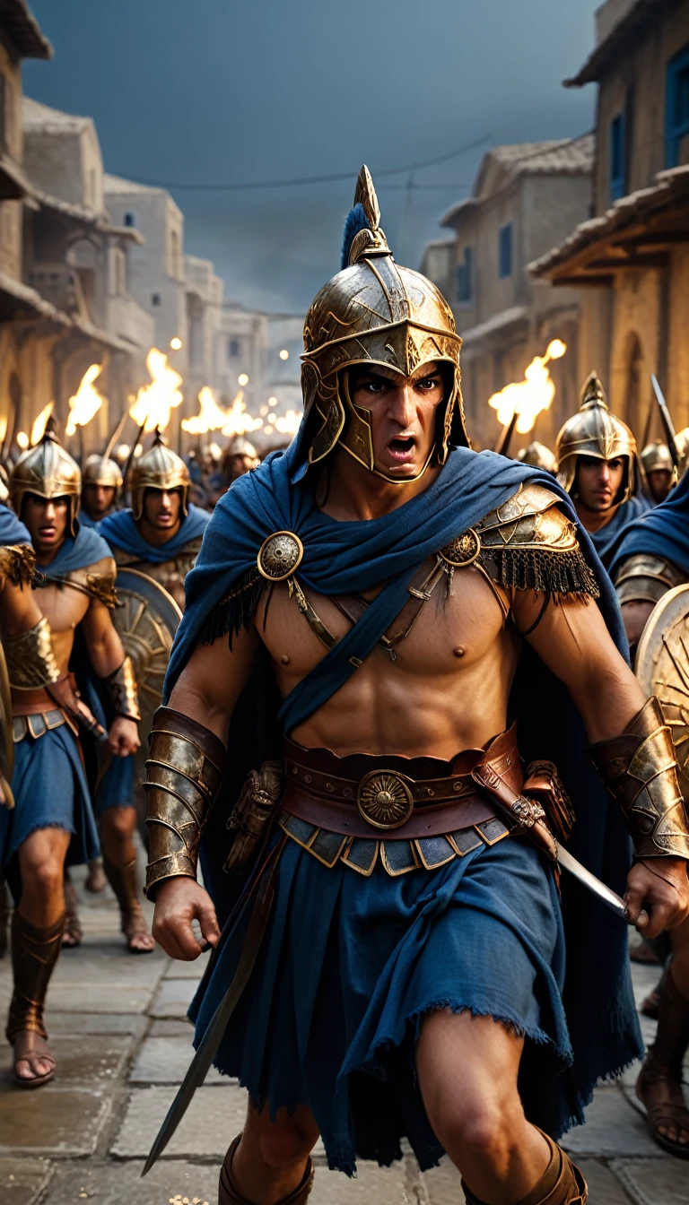 Cinematic style, An intense moment capturing the pivotal turning point of the battle, with the Greeks rallying against the Persian onslaught, background dark, hyper realistic, ultra detailed hyper realistic, photorealistic, Studio Lighting, reflections, dynamic pose, Cinematic, Color Grading, Photography, Shot on 50mm lens, Ultra-Wide Angle, Depth of Field, hyper-detailed, beautifully color, 8k, golden light from the front