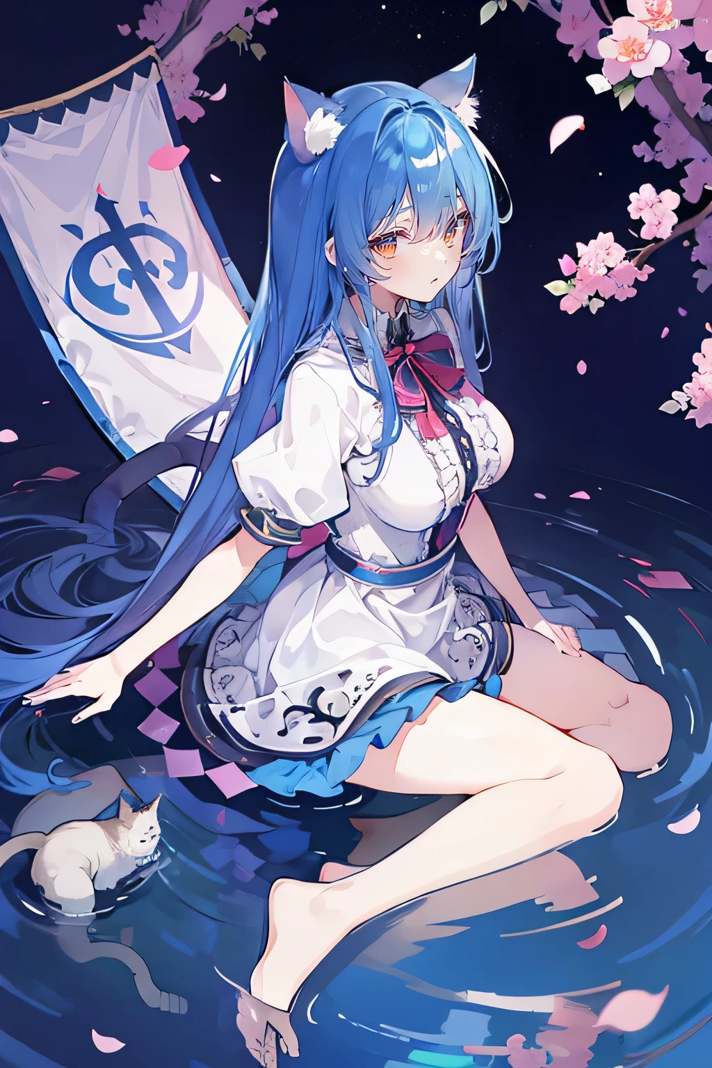 (masterpiece:1.2),Extremely detailed,Practical,expressive eyes,Fair skin,Perfect face shaping,1 Girl,
Japanese cartoons,Gorgeous blue hair, the long flowing blue hair,Floating clothes,Cat ears,Petals fall,beautiful lola,Young Angel,
Place your hands on your waist,sit elegantly on the ground,Cross your legs,Gentle and peaceful background,church,Wedding dress,back view,lie on the water,Large Breasts, H Cup, Good breasts, Place your hands on your waist,beautiful, Gorgeous,Japanese cartoons,girl,Lola,Hina Angel, Blue Hair, Blue Haired,Tent breasts, tent box, tent chest, Floating clothes,Grab your waist, Grab your waist, Hands on Hips , hands on hips,sit, sit on ground, Legs on the ground.