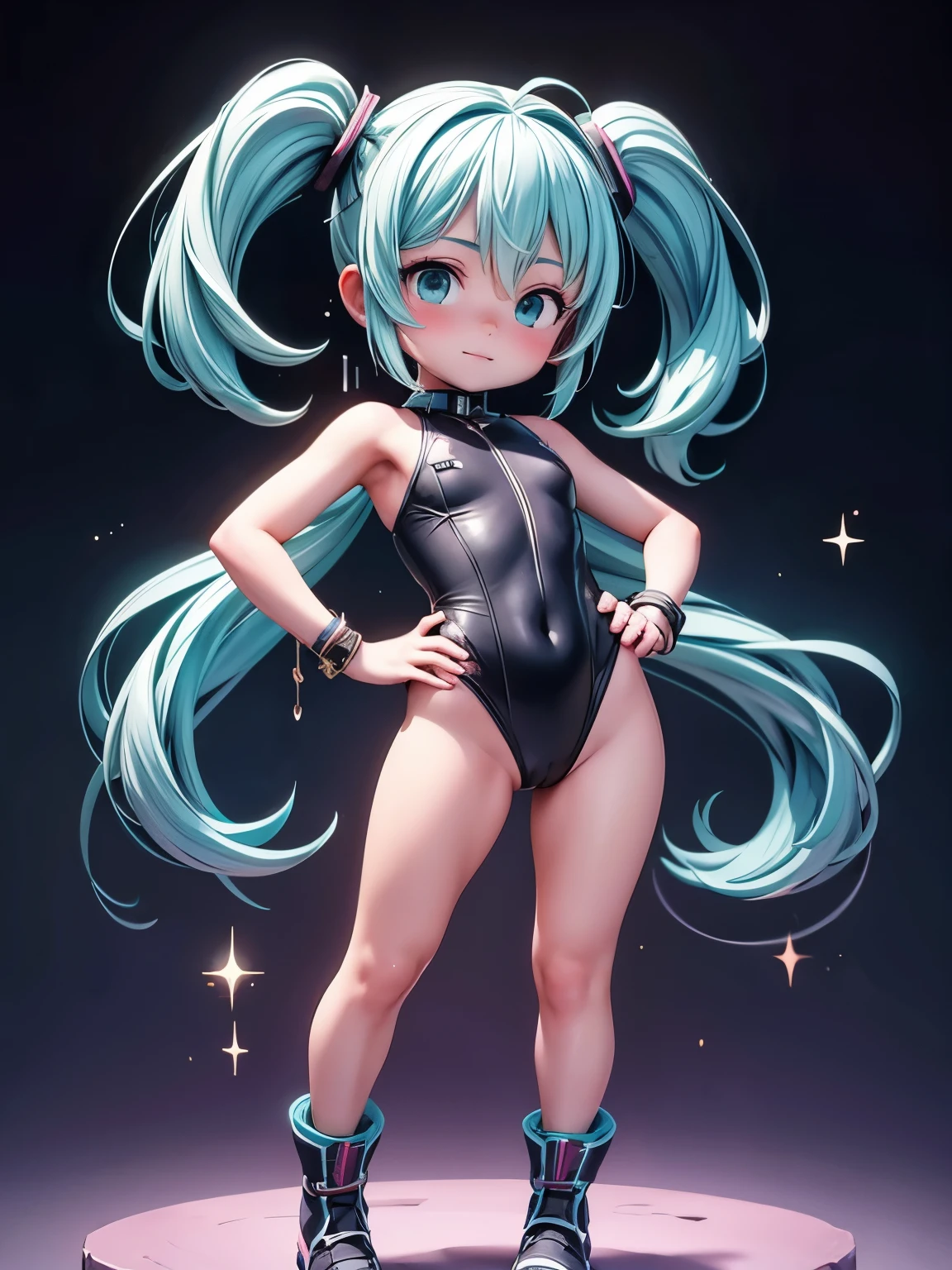 (masterpiece、highest quality、highest quality、Official Art、Beautiful and beautiful:1.2)、(One girl:1.3)Hatsune Miku、Twin tails,Big Breasts,(((Pixel Perfect, Perfect in every detail))), One girl, Superhero, leotard, highleg leotard, barefoot, boots, Are standing, Focus Only, Golden Belt, Hands on hips, Full Body Shot, universe, No sleeve, Ultra-high resolution, Absurd, Beautiful Face, Fine grain, Symmetrical eyes, Perfect body, Good balance. Luminous body, Diffraction Spikes, Particles of light, Power ups