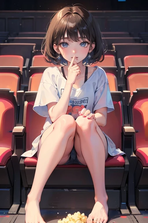 1girl,solo,cute,blush,black hair and short hair,after school,in theater,in theater room,she shitting a theater seat,she is barefeet,she watch a movie,she has a popcorn bucket