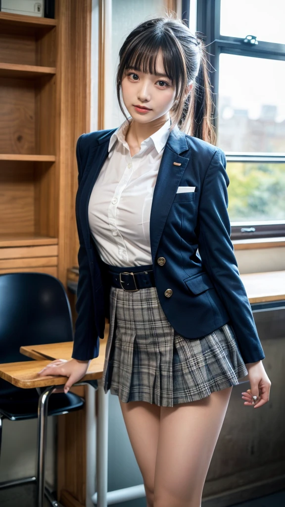 masterpiece, best quality, illustration, Super detailed, fine details, High resolution, 8K,wall paper, perfect dynamic composition,(Details High quality, realistic depiction of eyes:1.3), from side, High School Classroom、High school girl uniform、blazer 、Super Short Check Uniform Skirt、Navy blue high socks、garterbelts、Colossal tits、Disturbed uniform, short hair, (wavy hair:1.2), short bob hair, black hair color, large breasts, Big Natural Color Lip, acrobatic pose, perfect body shape, crying a little、Harajuku style、20 year old girl、cute type, beautiful legs, hposing Gravure Idol, Voluptuous thighs