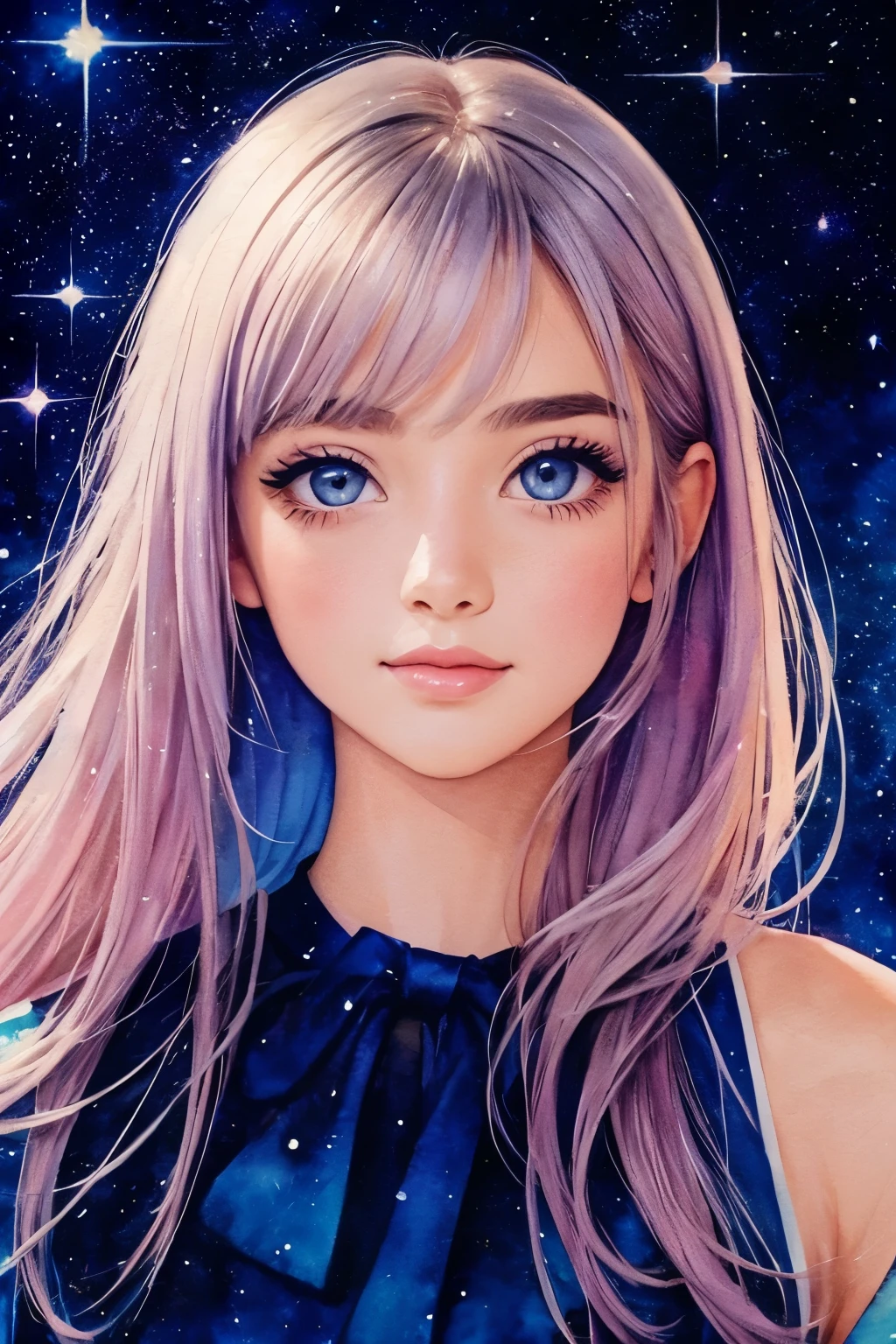 Beautiful girl, watercolor painting, The background is a sparkling universe.