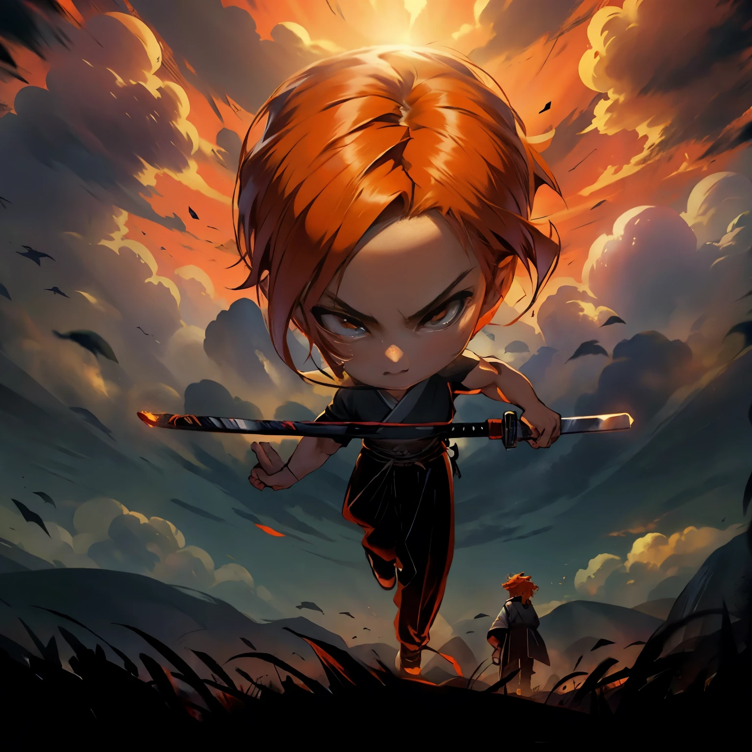 Boys, Full body, Serious face, brown eyes, ((orange hair)), medium length hair, wearing black samurai kimono, black shoe, holding samurai swords, levitate on sky, blue sky, cloud, various sides view