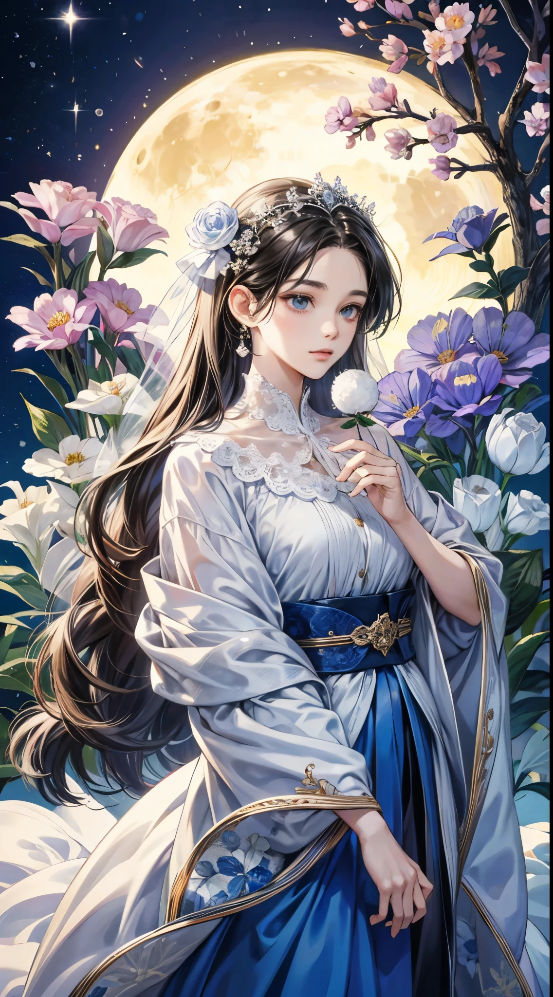 （（Best quality））， （（masterpiece）） moon， 1. Moon God， Welcome， Floral scent，Exquisite facial features