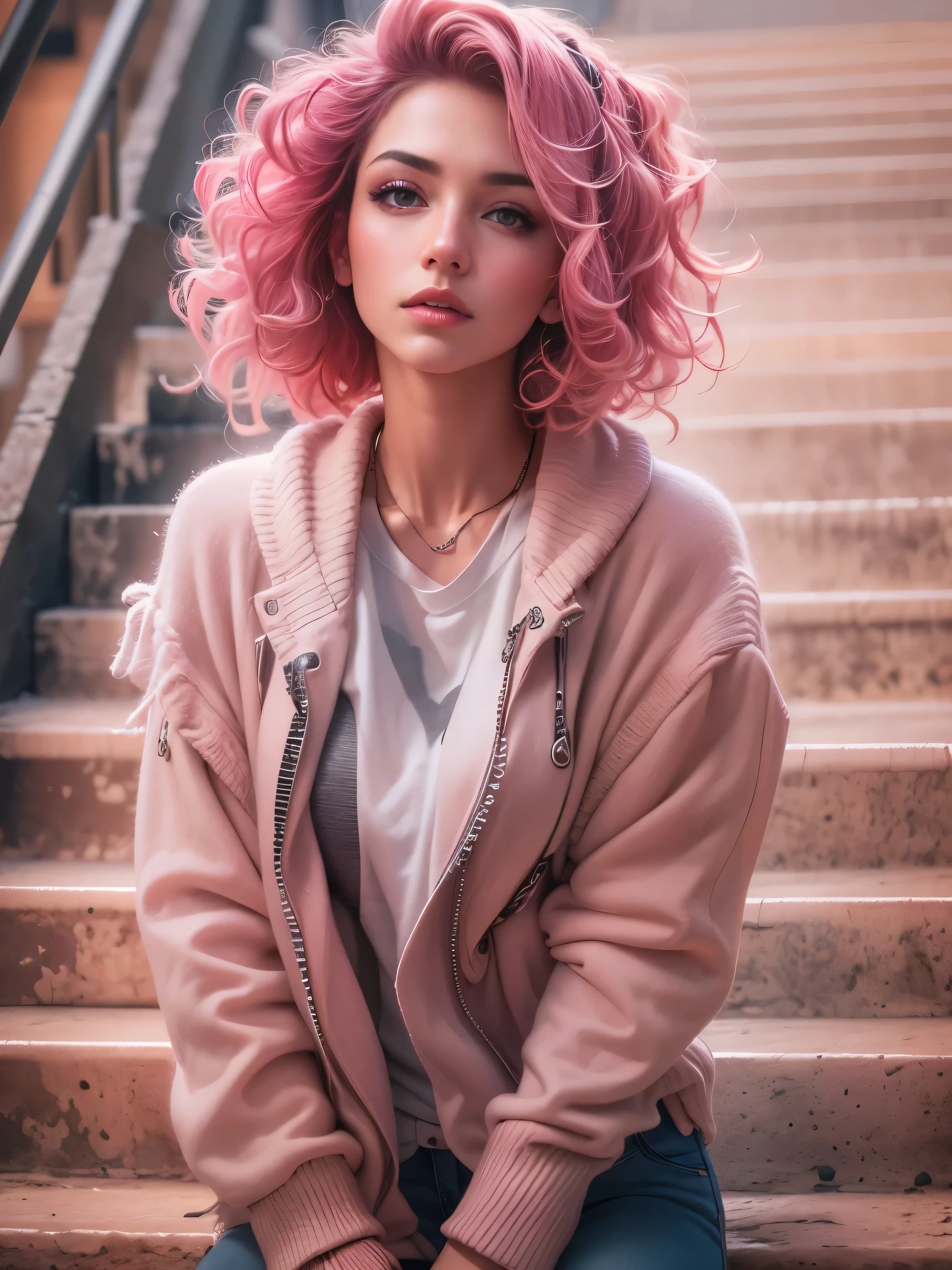 photorealistic, high resolution, 1 beautiful female, European beauty, curly grunge hairstyle, pink hair, grunge streetwear, background mall stairway, dynamic pose, dramatic, chromatic aberration.