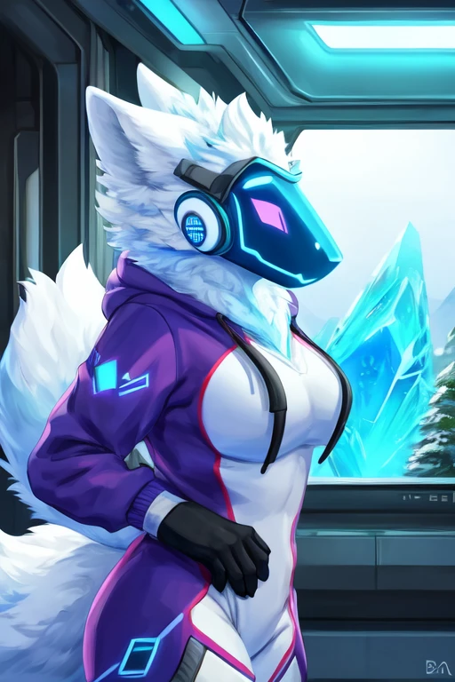 8k, 4k, Detailed, High quality, furry, female, mature female, by buta99, arctic protogen, long visor, blue visor, tuft neck, fluffy tail, sexy body, futuristic assasin clothing, hoodie, riffle