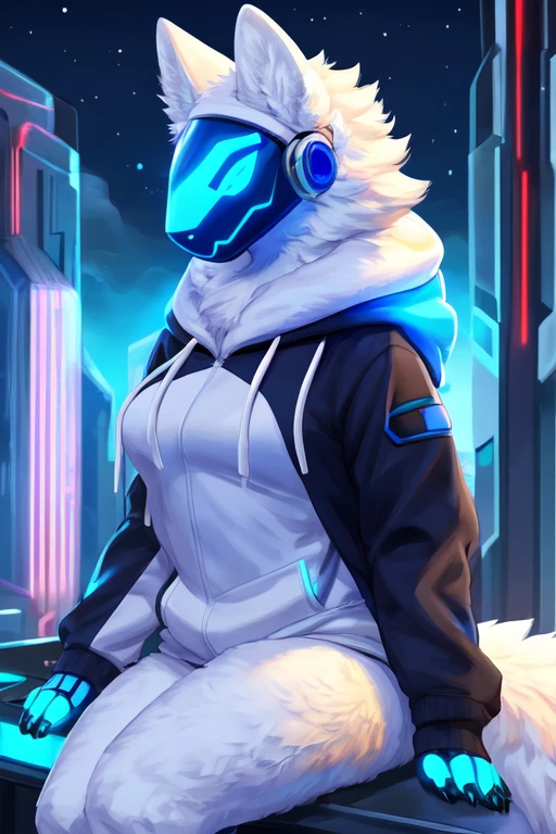 8k, 4k, Detailed, High quality, furry, female, mature female, by buta99, arctic protogen, long visor, blue visor, tuft neck, fluffy tail, sexy body, futuristic assasin clothing, hoodie, riffle