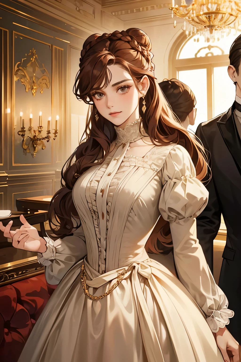 Beautiful aristocratic woman of victorian era, Europe in the 18th century, reddish brown hair,Exquisite high bun braid hairstyle, curls, elegant ballroom dress, Standing in the luxurious banquet hall, Delicate and meticulous, 8K, Reality, Dramatic Lighting, high quality, Complex design, classical portrait