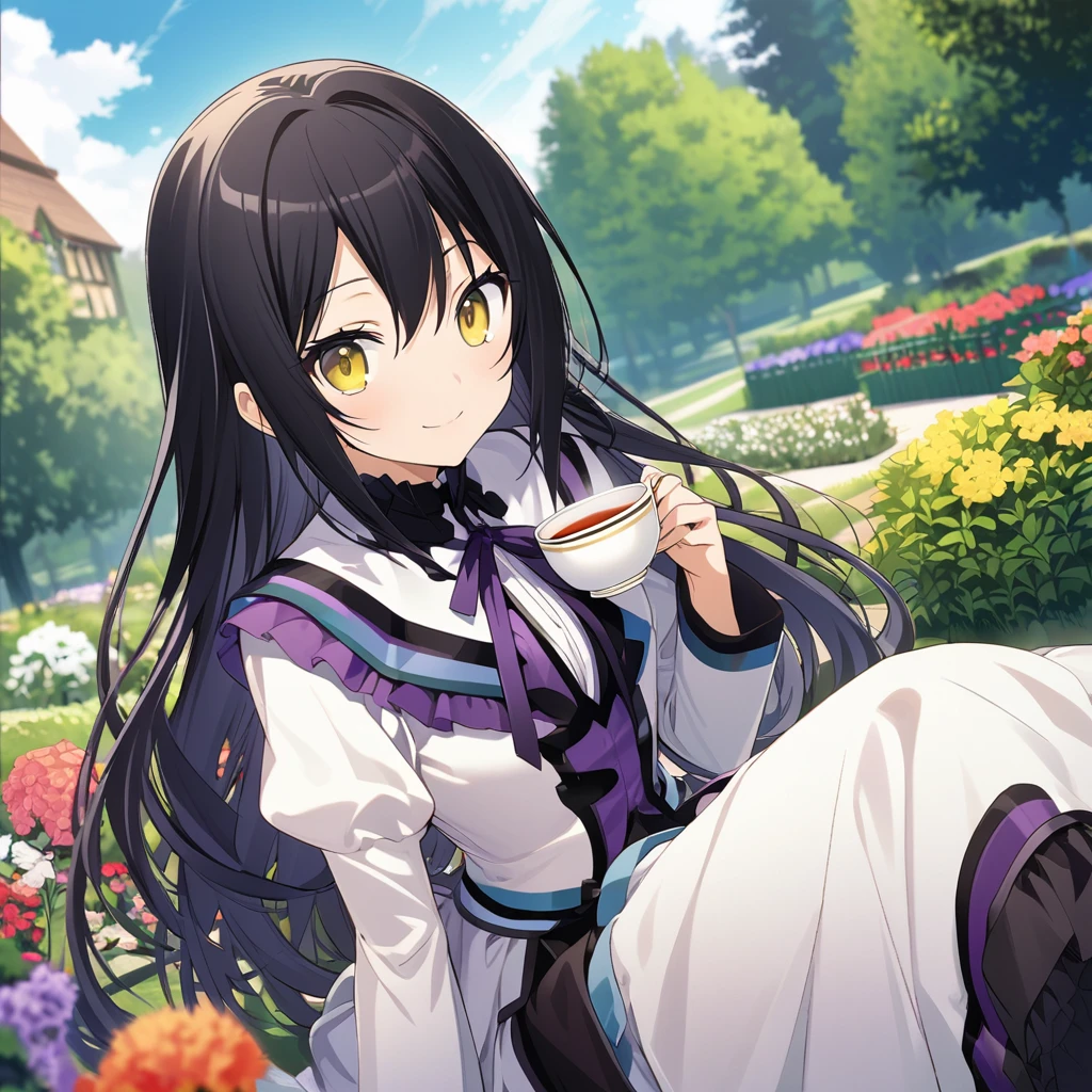 Akemi Homura \(AKB0048 Next Stage\), (long black hair), (bright Golden eyes):1.2, Victorian dress, bangs, smiling gently, ((ultra-detailed)), ((illustration)), ((neat hair)), (beautiful detailed eyes), female, 1woman, sitting, drinking tea, ((garden, sky)), looking at viewer