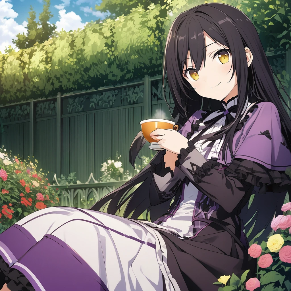 Akemi Homura \(AKB0048 Next Stage\), (long black hair), (bright Golden eyes):1.2, Victorian dress, bangs, smiling gently, ((ultra-detailed)), ((illustration)), ((neat hair)), (beautiful detailed eyes), female, 1woman, sitting, drinking tea, ((garden, sky)), looking at viewer