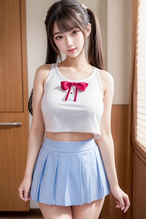 Real Images、Top image quality、Beautiful girl、Cute 16 yeaiful girl、Looks exactly like Kyoko Fukada、sailorvenus、Composition seen from the front、beautiful thigh、Beautiful navel、Beautiful、Ultra mini skirt、White panty、She is flipping up her skirt with both hands to show her white panties.、Unity 8k壁纸, Beautiful and aesthetic, Looking at Viewer, 18-year-old beautiful girl、wetted skin、 Full Back White Cotton Panties、(Shiny skin), Many colors, White panty、Solo, Blonde hair, Blue eyes, poneyTail