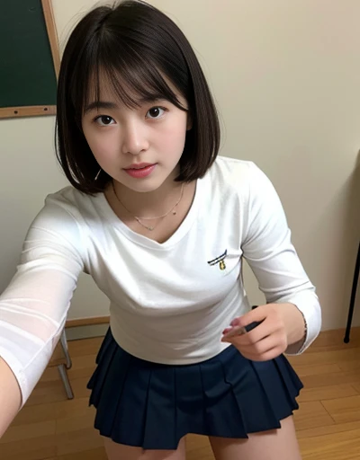 (((photo realistic))),((raw photo)),pixie cut hair,white long sleeve T-shirt,(school uniform skirt),analog rough photo of a Beautiful 14 year old Japanese female,(in the simple room),((flat chest)),((almond eyes)),highly detailed face,close legs,selfie from below, A photo with very low contrast,blurry background,closed legs