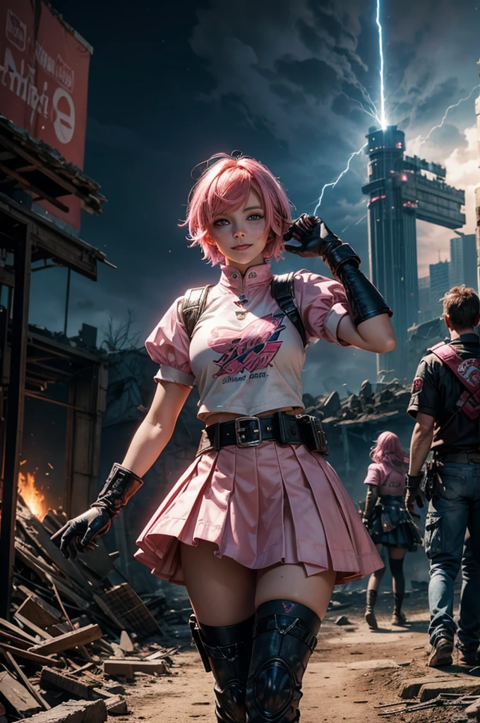 1girl,cowboy shot, beautiful nora_valkyrie, looking at viewer, smile, short hair, blue eyes,heart design on t-shirt, gloves, jacket, pink skirt, pink belt, short sleeves, puffy sleeves, single armband, fingerless gloves, short hair, orange hair, pink gloves, dynamic pose, night, lightning, standing inside ruins of empty stadium, rubble, cracked ground, stream, snow, post-apocalypse, dystopian future, crowd, (crowd in military uniforms), bonfires, (volumetric lighting), best quality, masterpiece, intricate details, tonemapping, sharp focus, hyper detailed, trending on Artstation,