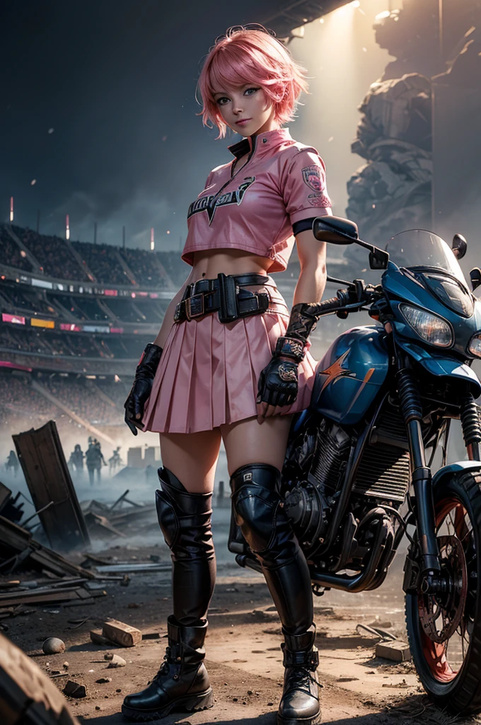 1girl,cowboy shot, beautiful nora_valkyrie, looking at viewer, smile, short hair, blue eyes,heart design on t-shirt, gloves, jacket, pink skirt, pink belt, short sleeves, puffy sleeves, single armband, fingerless gloves, short hair, orange hair, pink gloves, dynamic pose, night, lightning, standing inside ruins of empty stadium, rubble, cracked ground, stream, snow, post-apocalypse, dystopian future, crowd, (crowd in military uniforms), bonfires, (volumetric lighting), best quality, masterpiece, intricate details, tonemapping, sharp focus, hyper detailed, trending on Artstation,
