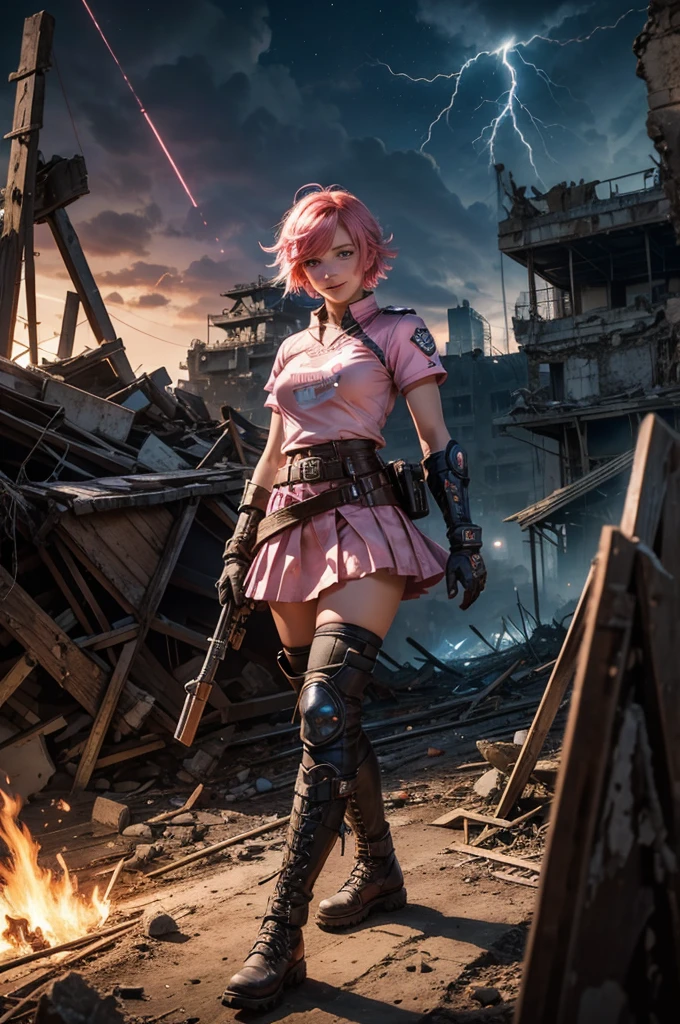 1girl,cowboy shot, beautiful nora_valkyrie, looking at viewer, smile, short hair, blue eyes,heart design on t-shirt, gloves, jacket, pink skirt, pink belt, short sleeves, puffy sleeves, single armband, fingerless gloves, short hair, orange hair, pink gloves, dynamic pose, night, lightning, standing inside ruins of empty stadium, rubble, cracked ground, stream, snow, post-apocalypse, dystopian future, crowd, (crowd in military uniforms), bonfires, (volumetric lighting), best quality, masterpiece, intricate details, tonemapping, sharp focus, hyper detailed, trending on Artstation,