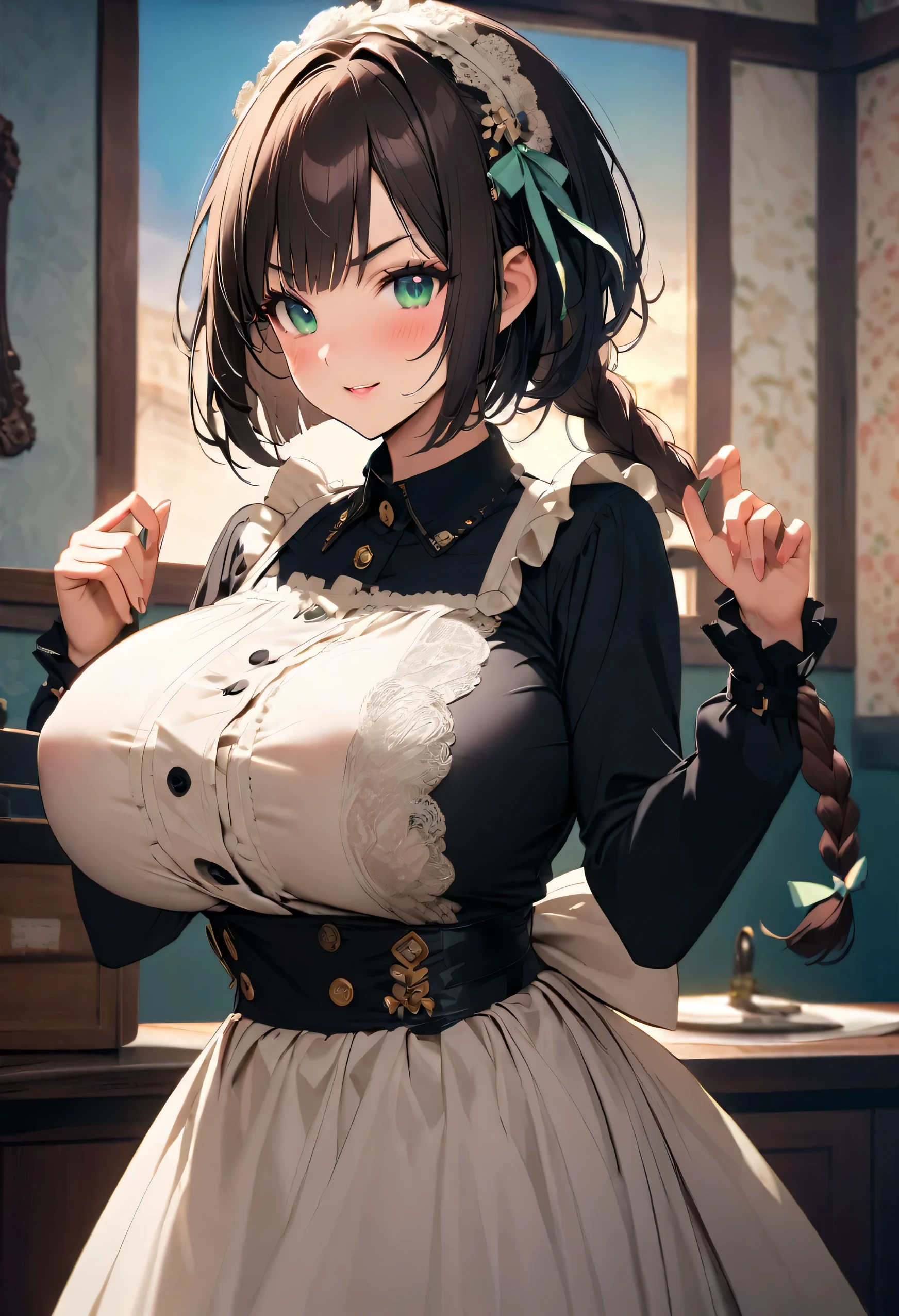 highest quality、High resolution、Detailed Background、(Beautiful face in every detail:1.4)、Anatomically correct、Beautiful women in their 20s、Braided Ponytail、Bobcut、Brown Hair、Black Hair、well-groomed eyebrows、cute eye makeup、Cute Lip Makeup、Huge breasts、Accentuate your breasts、Accentuate your cleavage、Glasses、laughing、Smiling、smile、A fun atmosphere、Buckingham Palace、Chateau de Versailles、Windsor Castle、

(Three beauties in A fun atmosphere with famous architecture as the backdrop:1.5)、

Pair a black dress with a white apron、The frills and ribbon design on the apron add a nice accent.、
A soft arrangement with pastel colors will give you a cute impression.、Try choosing colors like pink and mint green.、
Lace and chiffon materials add a feminine and delicate touch.、Sleeves and aprons made with lace and chiffon、Try incorporating it into your design、
Ribbons and head accessories can add cuteness and accents.、Try adding ribbons to your dress or apron, or matching it with a headband or ribbon hair accessory.、Consider the appropriate accessories and shoes depending on the occasion and event you will be wearing it for.、cute