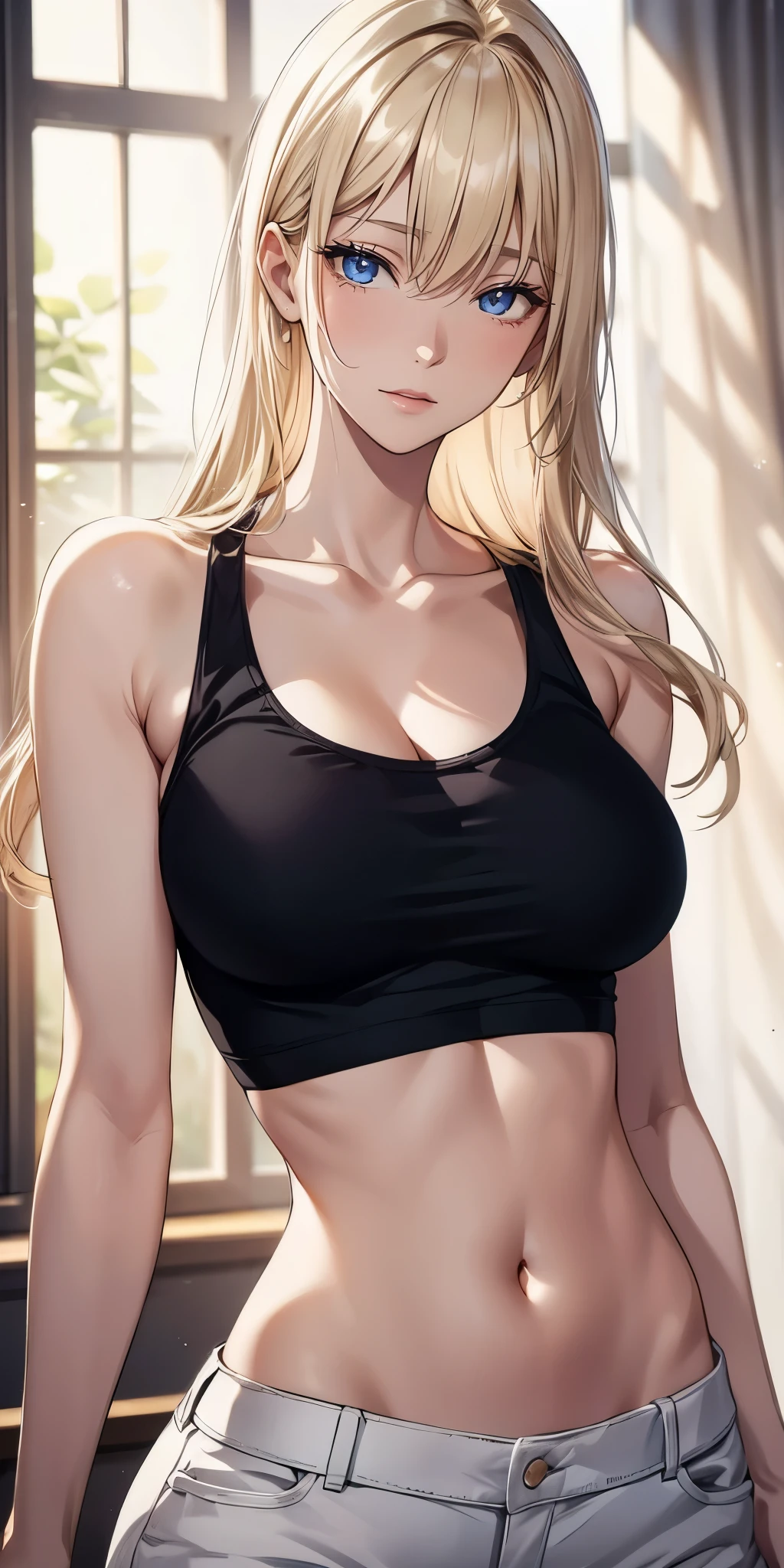 Elegant woman, long blonde hair, bangs, beautiful, high quality, 4k resolution, soft light
