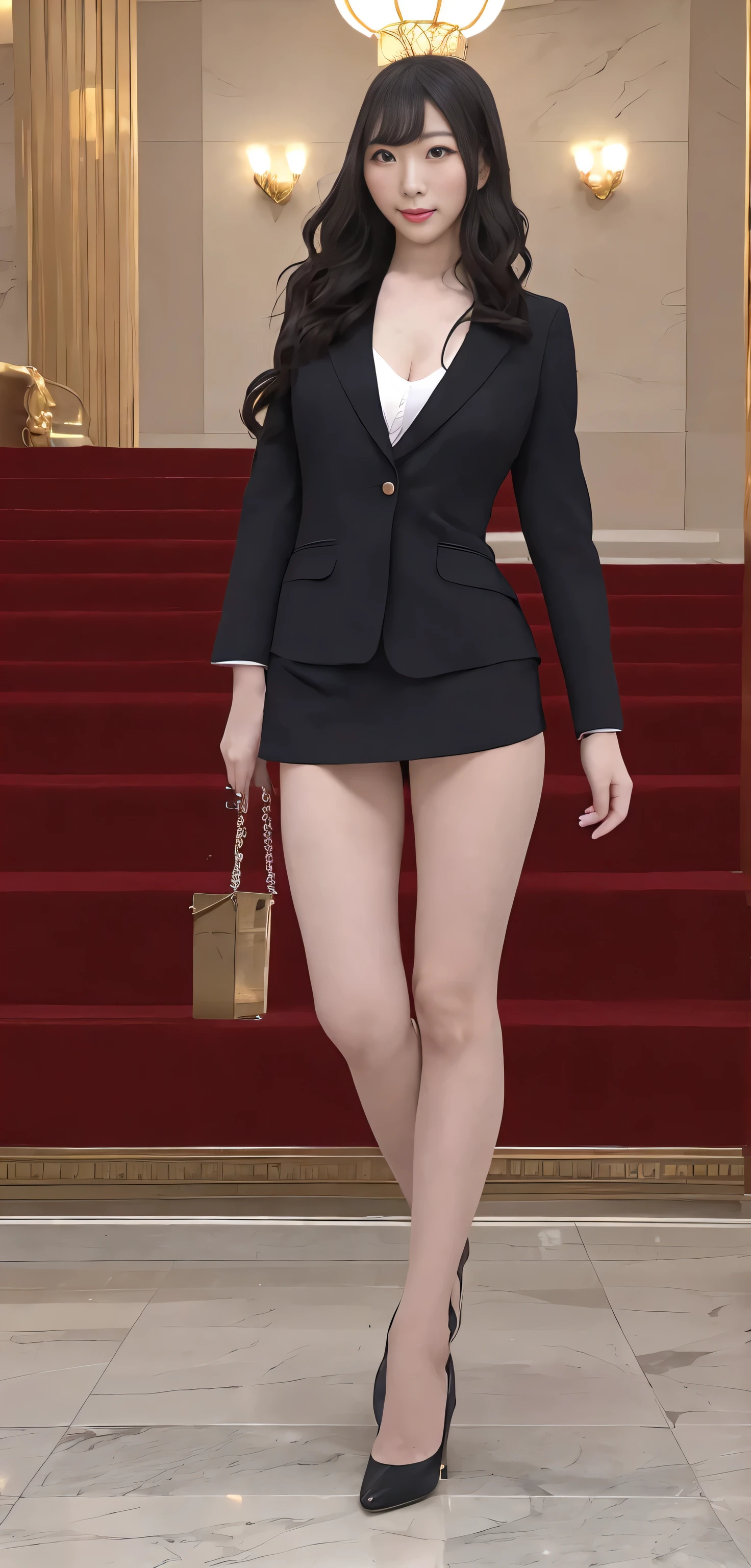 ((high resolution, 最high resolution, 8k, RAW images))Japanese ID, Mature Woman, Wavy black hair with no bangs, Long Hair:1.65, Flashy makeup, Fuller lips, Sexy Gaze, Cute hotel woman uniform, looking at the camera, Low angle shooting, Cute duck lips,((Very accurate and correct anatomy)), (masterpiece:1.45), Perfectly balanced body, Realistic photos, Full Shot, whole body, ((height: 178cm)), High heels, (2 Foot, Two Arms), ((Panty shot)),Big Breasts:1.95, The glittering lobby of the Imperial Hotel
