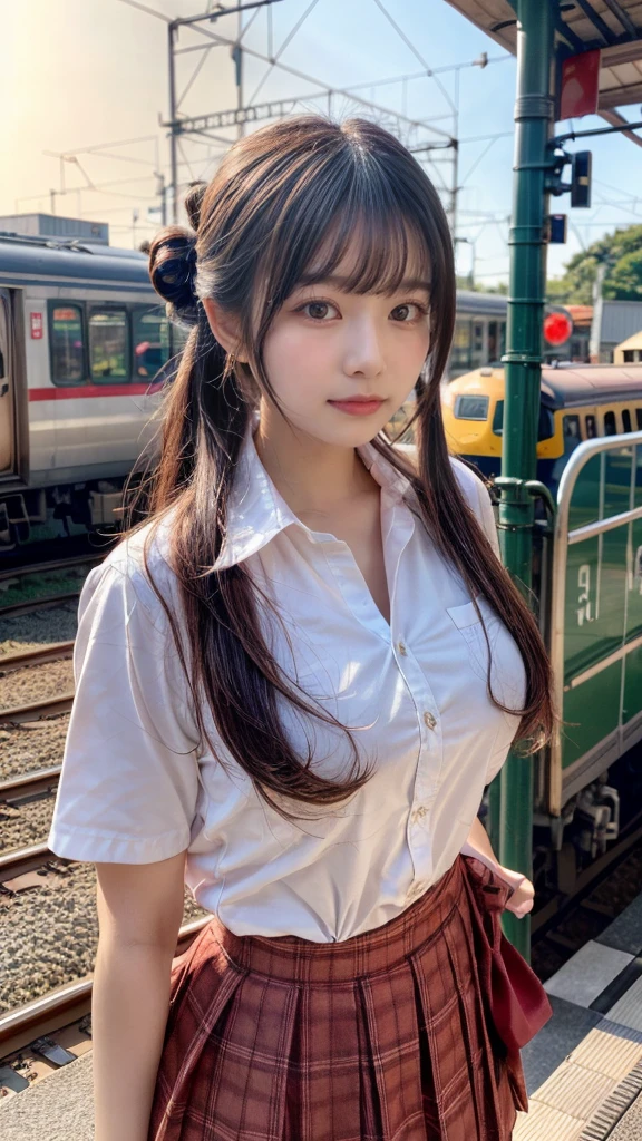 (masterpiece:1.2, highest quality), bokeh, 1 high school girl, 
(Japanese idle:1.6), Plump breast, Blushed face, updo, Looking at the viewer, standing at the train railway, high school uniform:1.6), sundown, Close up, expresses the roundness and softness of your chest
