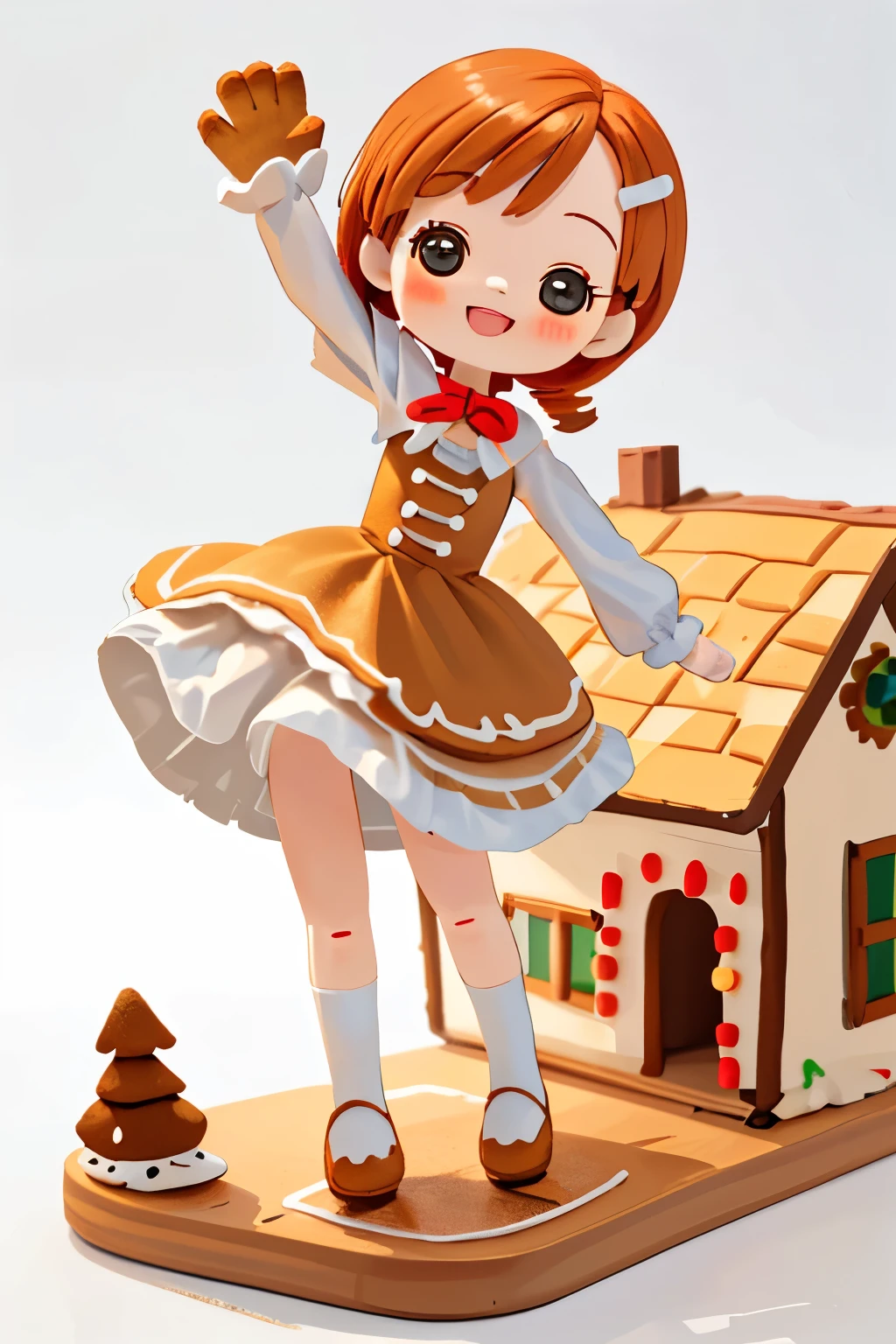 Photorealistic、Chibi Girl Doll(Posing cheerfully in front of a gingerbread house、Dynamic Pose)