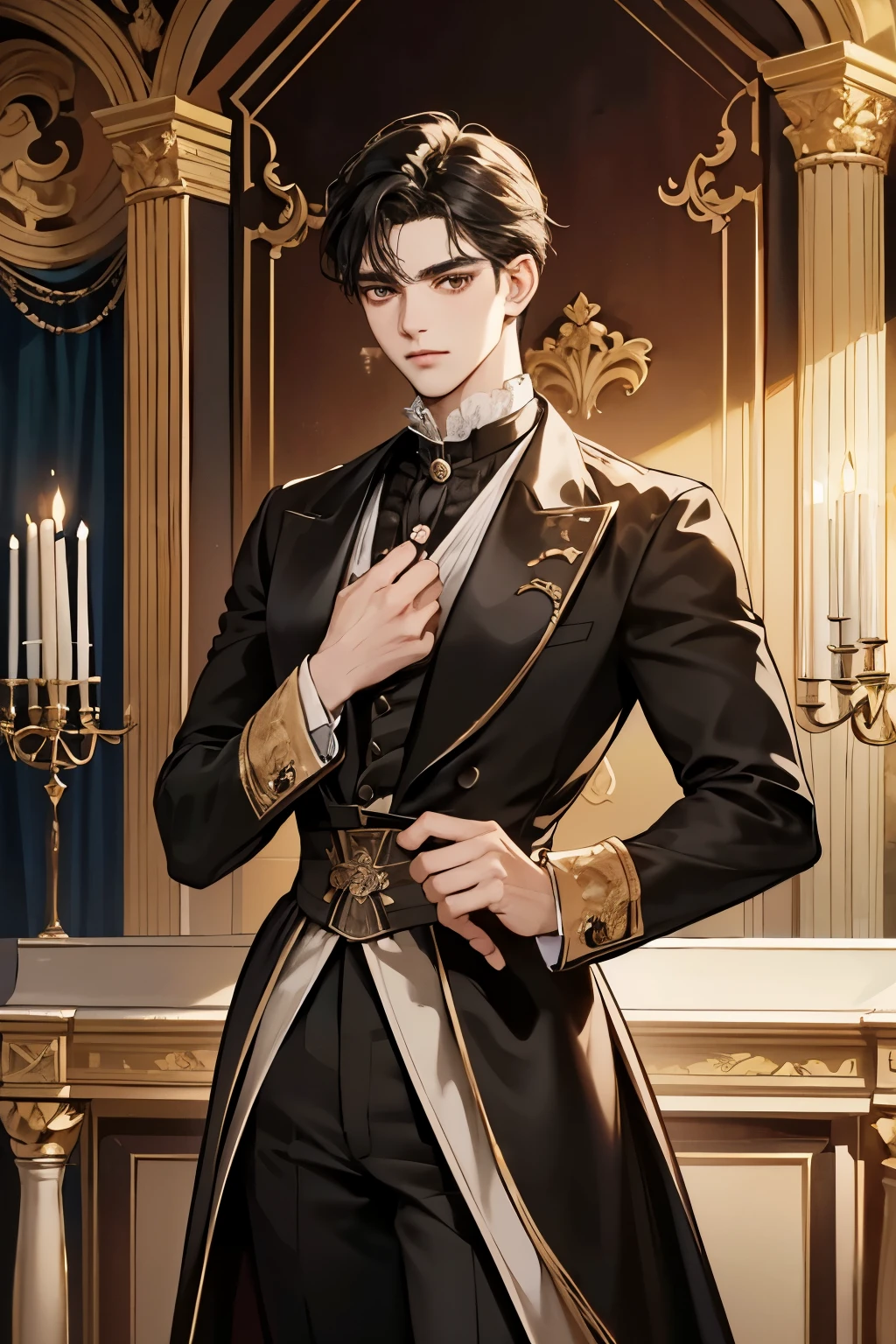 Victorian Era,Europe in the 18th century,male,22 years old,Bright brown eyes，black hair,Handsome,Slim,High，Simple and elegant aristocratic clothing, Standing in the luxurious banquet hall, Delicate and meticulous, 8K, Reality, Dramatic Lighting, high quality, Complex design, classical portrait
