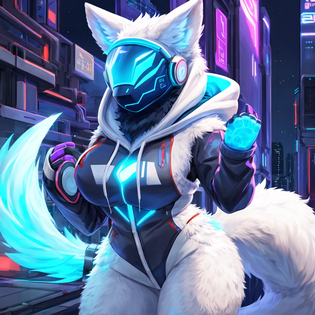 8k, 4k, Detailed, High quality, furry, female, mature female, by buta99, arctic protogen, long visor, blue visor, tuft neck, fluffy tail, sexy body, futuristic assasin clothing, hoodie, riffle