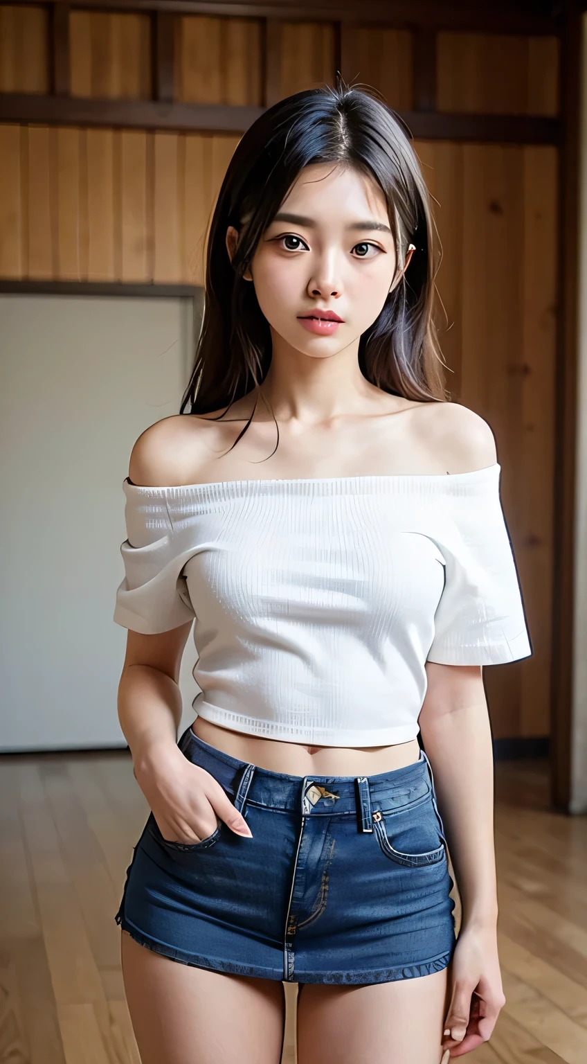 Very detailed CG Unity 8k wallpaper、highest quality、Very detailed、masterpiece、reality、reality、Very detailedなかわいい女の子、18-year-old、(Japanese in uniform)、((White short sleeve buttoned cotton shirt:1.5))、((A woman wearing a white short-sleeved off-the-shoulder shirt:1.4))、((Shooting from the front:1.4))、((Standing in an empty room:1.4))、((Standing confused:1.4))、blush、Cleft lip、Looking at the audience、((Cowboy Shot:1.4))、((Navy Blue Denim Mini Skirt:1.5))、((straight medium long hair:1.7))、(Beautiful Face:1.3)、(Perfect balance:1.2)、(Long legs:1.2)、(Small breasts:1.3)、((Upper Body))、((Model pose:1.4))、Angle from below、reality、