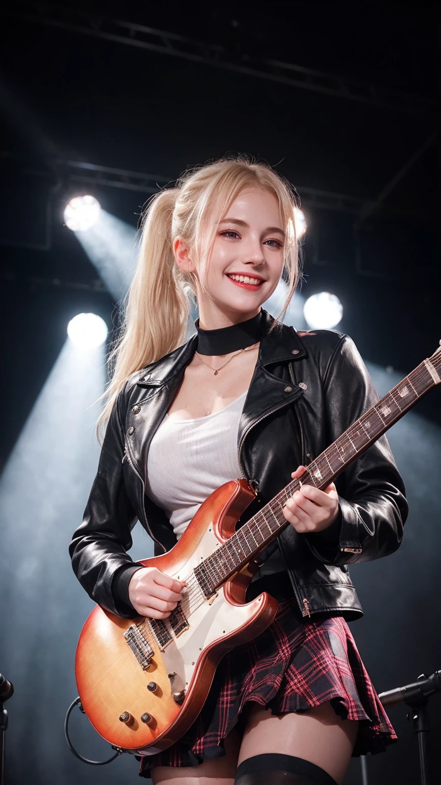 ((best quality)), photorealistic, photorealism, Photorealistic, high resolution, black leather jacket、 black lace bra 、Red checked knee-length skirt、Long skirt、JK Style、Jacket、smile、Knee-high socks、Thigh-high socks、pantyhose、A superb beauty、Super cute、ennui、Rare beauty、pony tail hair、Black Dark Eyeshadow、Sad、white skin、pale skin、pony tail hair、Dark Gothic Makeup、Cute Smile、Fragrant beauty、Stained glass background、Mastepiece、Best Quality、Refers to 5 books、Sweat glistening on my chest、Sweat glistening on my face、Small breasts、Blonde hair、Age 20 years old、Mysterious look、A sad expression、Blonde Hair、mysterious gothic church、enchanting castle、Sweating profusely all over the body、A lot of sweat and light on the thighs、Shiny thighs、Plenty of sweat glistening on the thighs、A large amount of sweat glistens on my thighs、Sweating profusely、Gal、Medium breasts、beautiful face、Alluring expression、Thin thighs、Playing electric guitar、I have an electric guitar、Sing a song enthusiastically、Playing guitar in a band、Playing guitar chords、Live House Background、Sing a song、Open your mouth、Live house scenery、Mike stand、Glamorous live stage、Dynamic Angle、cinematic lighting