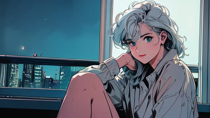 (masterpiece), highest quality, Cyan eyes, Light grey hair, Expressive eyes, Jorhaya, Sitting in a high-rise apartment room, Night Sky, Cityscape, View Viewer, City lights, window, highlight, Dramatic Light, Calm face,Smiling、