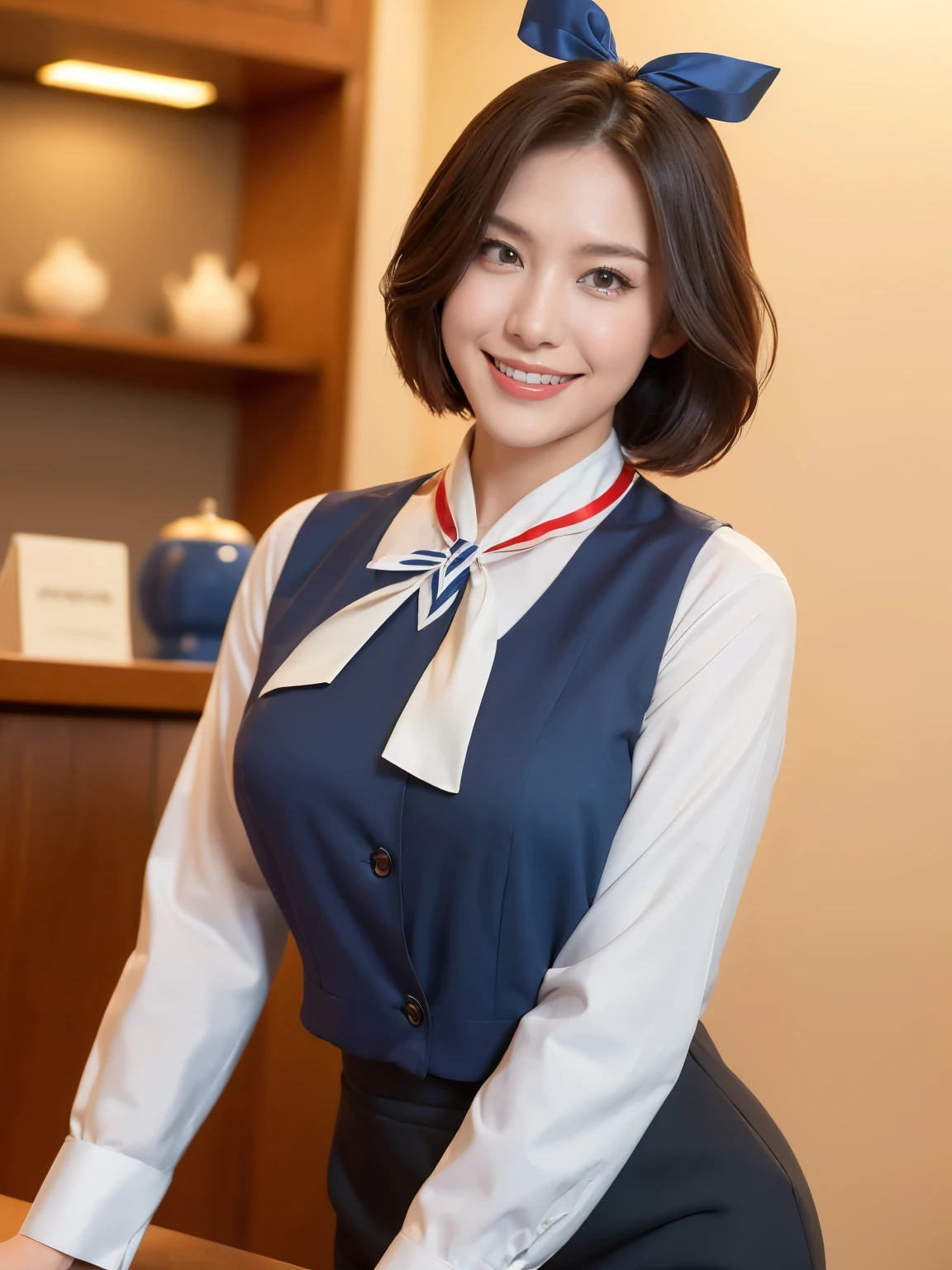 最high quality, In 8K, Masseter region, Vibrant, Sharp focus, high quality, High resolution, Detailed face, fine grain, Thick lips, (Looking at the audience), alone, Beautiful woman, 38 years old, Japanese women, （Short black hair:1.4）、（Bob Hair:1.4）, Cleavage, Lunch break、State-of-the-art corporate headquarters、（近代的なビルのwide大なロビー:1.6）、（Large windows、High ceilings、wide々And the Universe）、Large reception counter、（sitting behind the counter:1.3）、（Upper body photo:1）、（Japanese women）、（Mitsubishi Bank uniform:1.8）, （She is wearing a dark blue vest over a white blouse:1.5）, The vest has three gold buttons, （(He is red, A blue and white ribbon around his neck.:1.6)）、（Knee-length dark blue skirt）、（Black pumps:1.5）、（Red lipstick:1）、（(smile:1.3)）、（standard body type）、（D cup breasts）