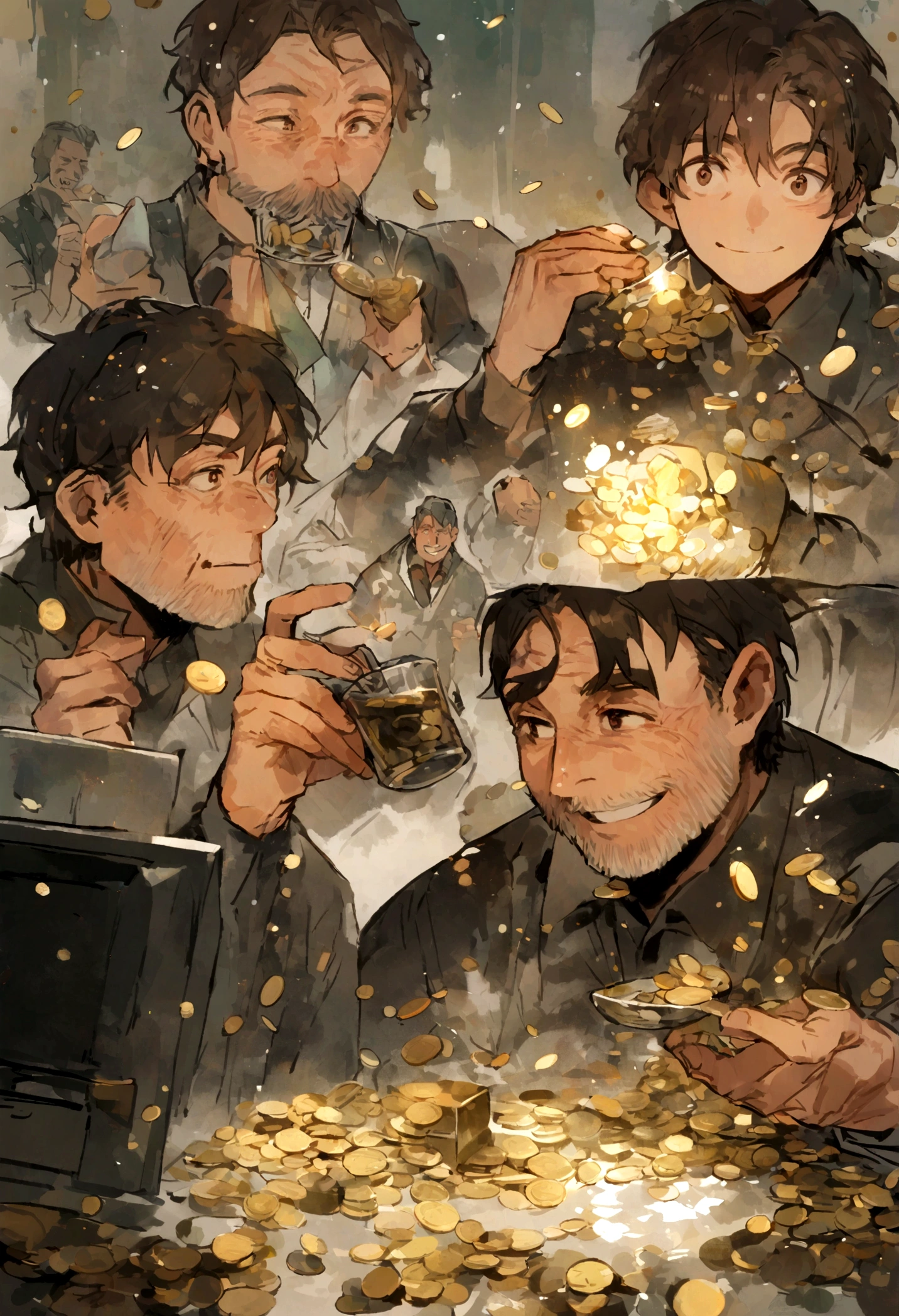 A man,Smile,Just relax,nice,middle aged,sitting in front of computer,Coins and banknotes rained down behind him.,Holding a cup in hand,large water mass、Bright image、Clear facial expressions